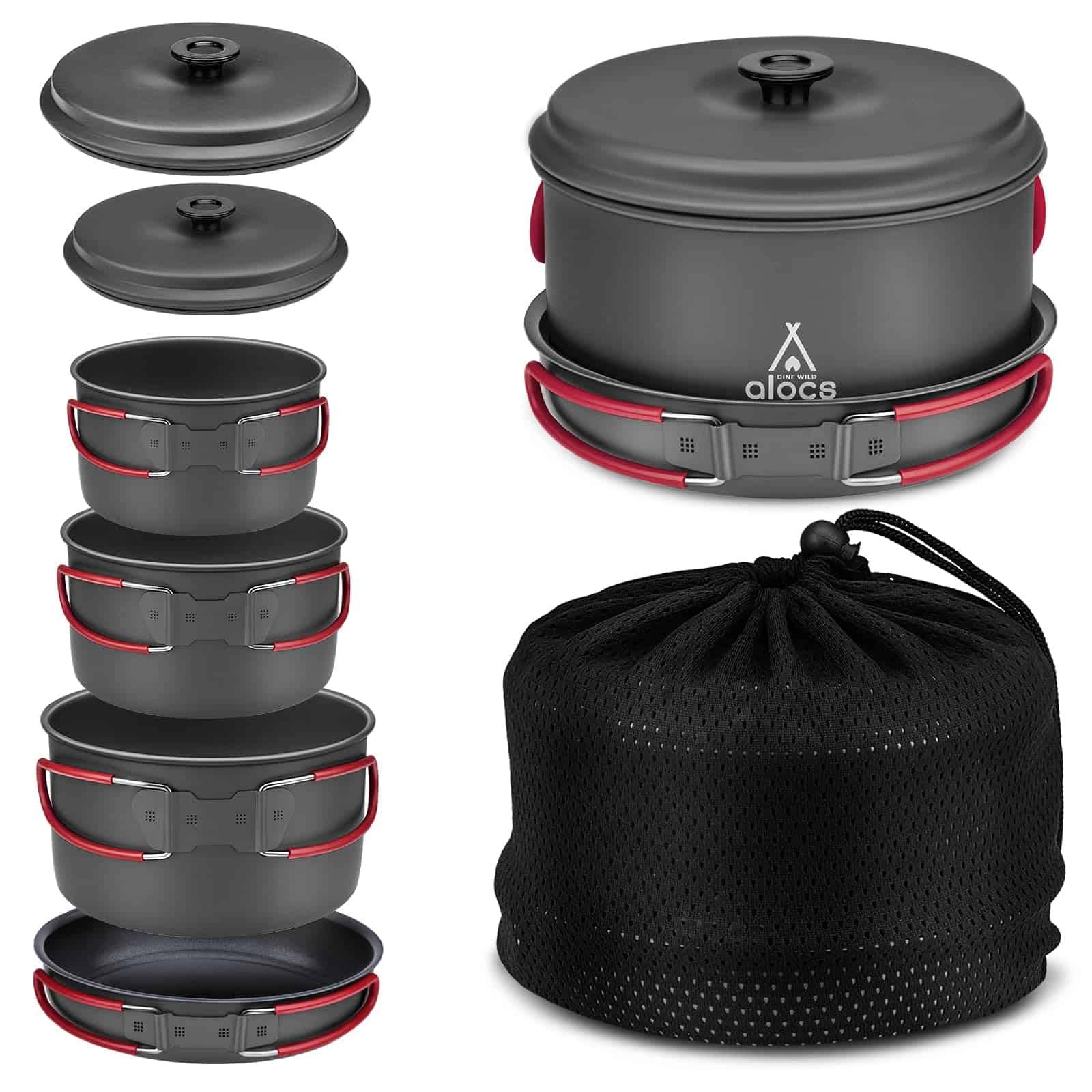 Alocs Camping Cookware Set Camping Gear, Compact Camping Pots and Pans Set, Durable Hard Alumina Camping Cooking Set