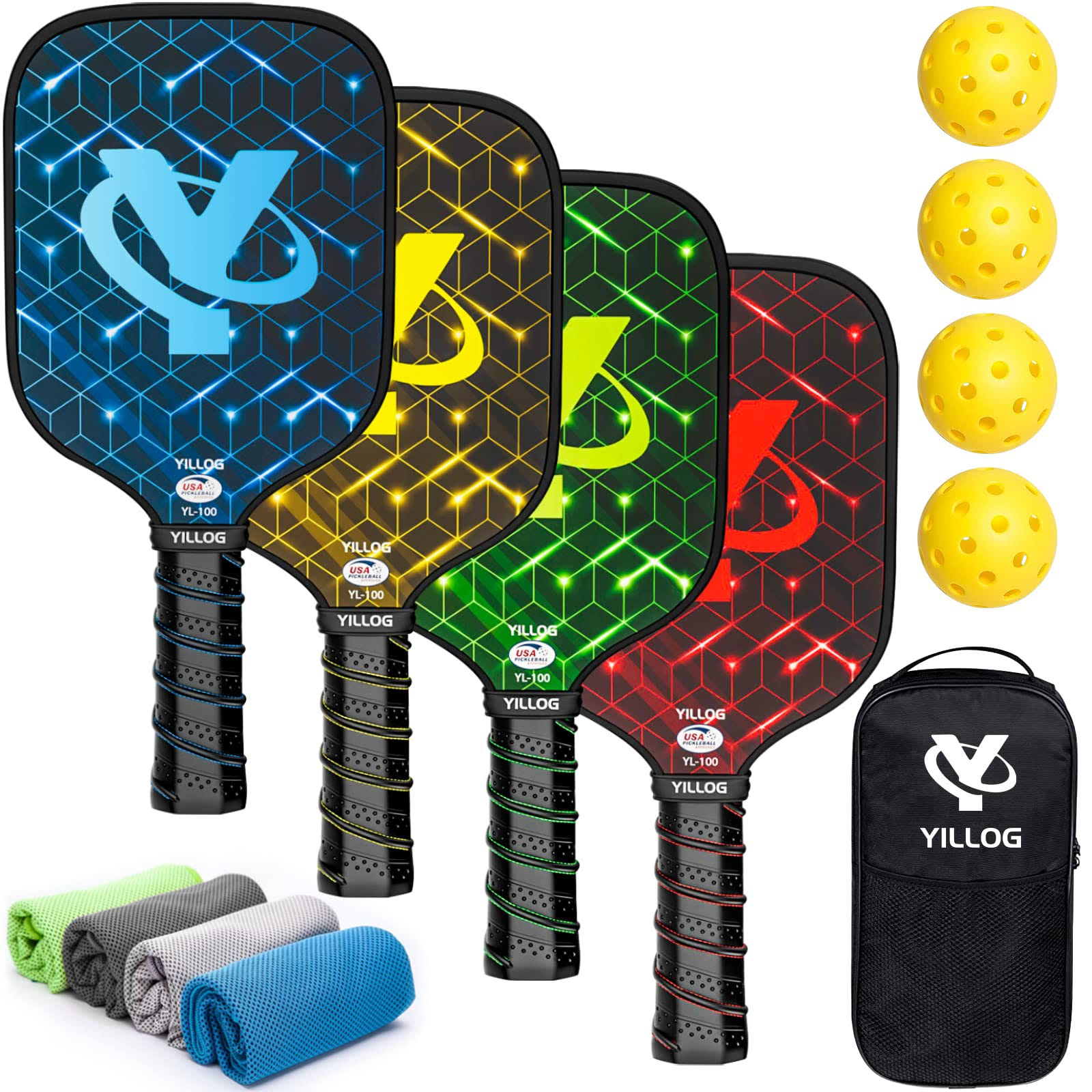 YILLOG Pickleball Paddles, USAPA Approved Pickleball Paddle Set of 4, Fiberglass Surface Pickleball Set, 4 Pickleball Balls