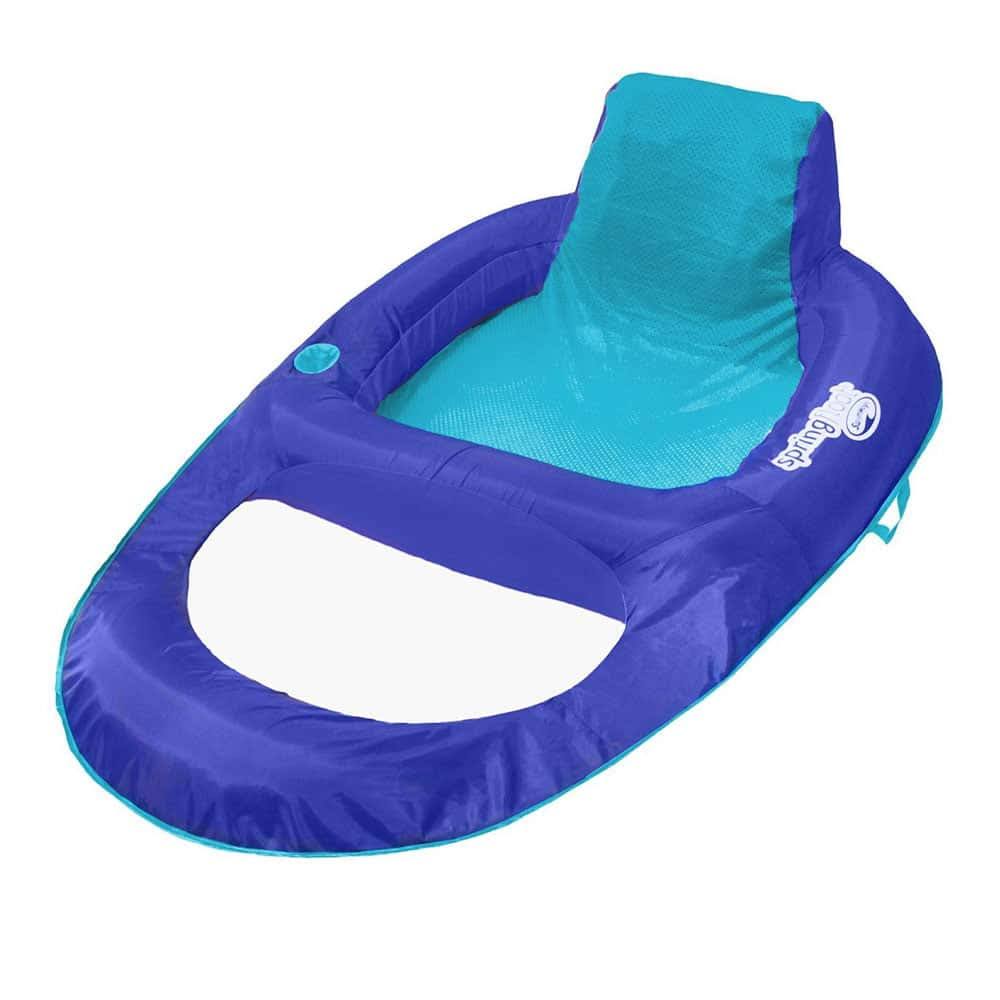 SwimWays Spring Float Swimming Pool XL Lounger Chaise Inflatable Floating Chair w/Cup Holder   Additional Leg Room, Dark   Light Blue