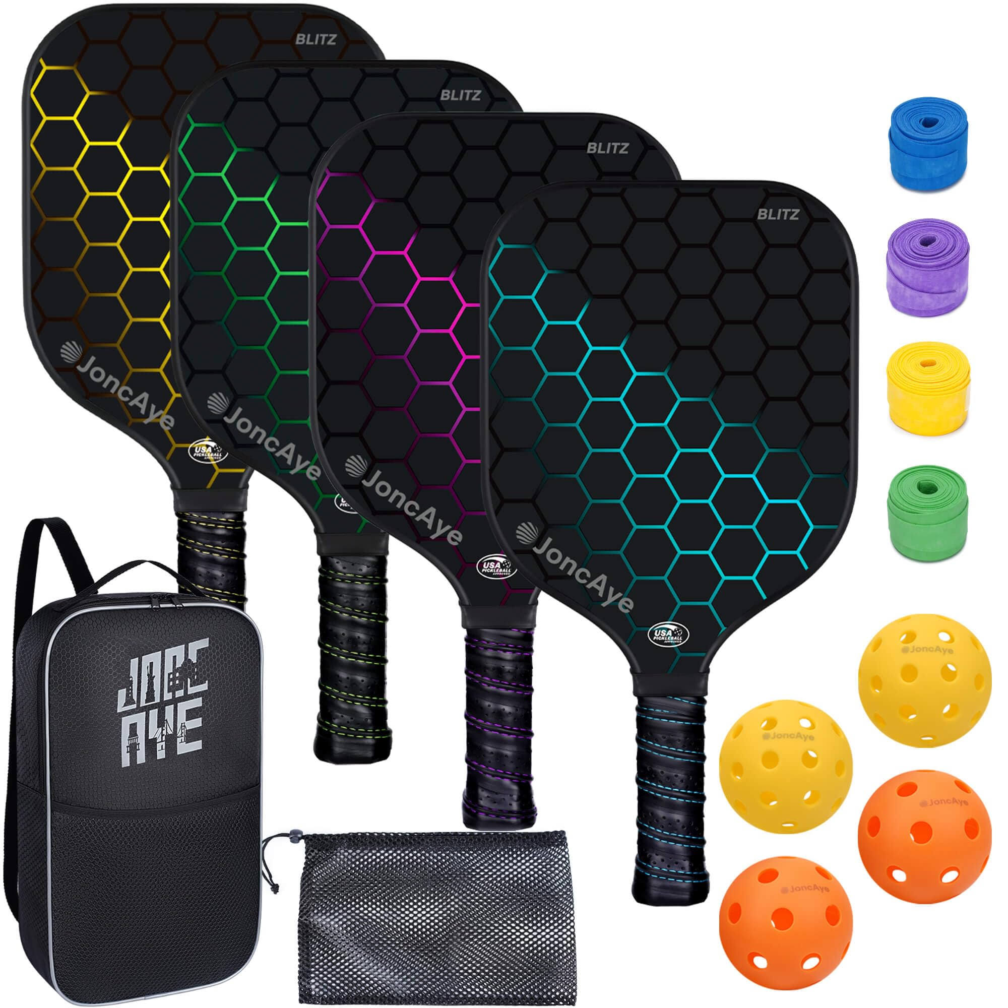 JoncAye Pickleball-Paddles-Set of 4 or 2 Rackets with Balls and Bag