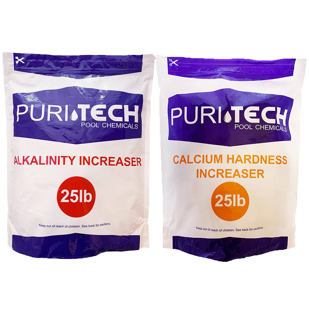 Puri Tech Chemicals 25 lb Calcium Hardness Increaser   25 lb Alkalinity Increaser Kit for Swimming Pools   Spas Balance Chemical Levels Keep Surfaces   Water Clean