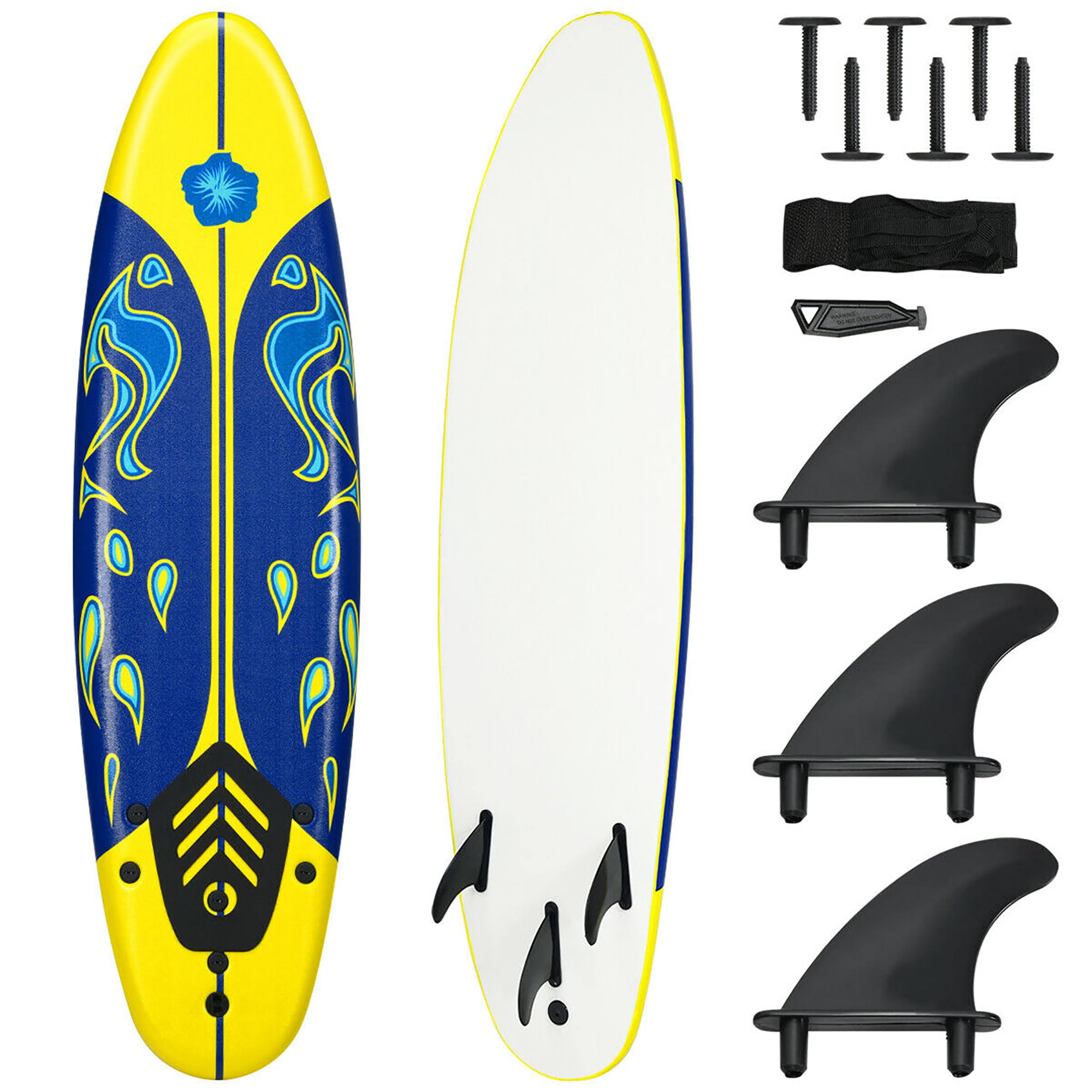 6  Surfboard Foamie Body Surfing Board W/3 Fins   Leash for Kids Adults Yellow