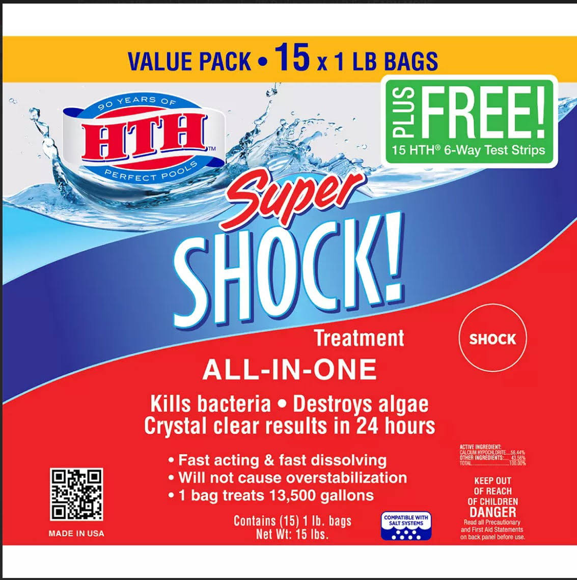 HTH Super Shock Treatment ALL IN ONE Swimming Pool, Spa with bonus 15 Test Strips, 15 pk/1 lbs