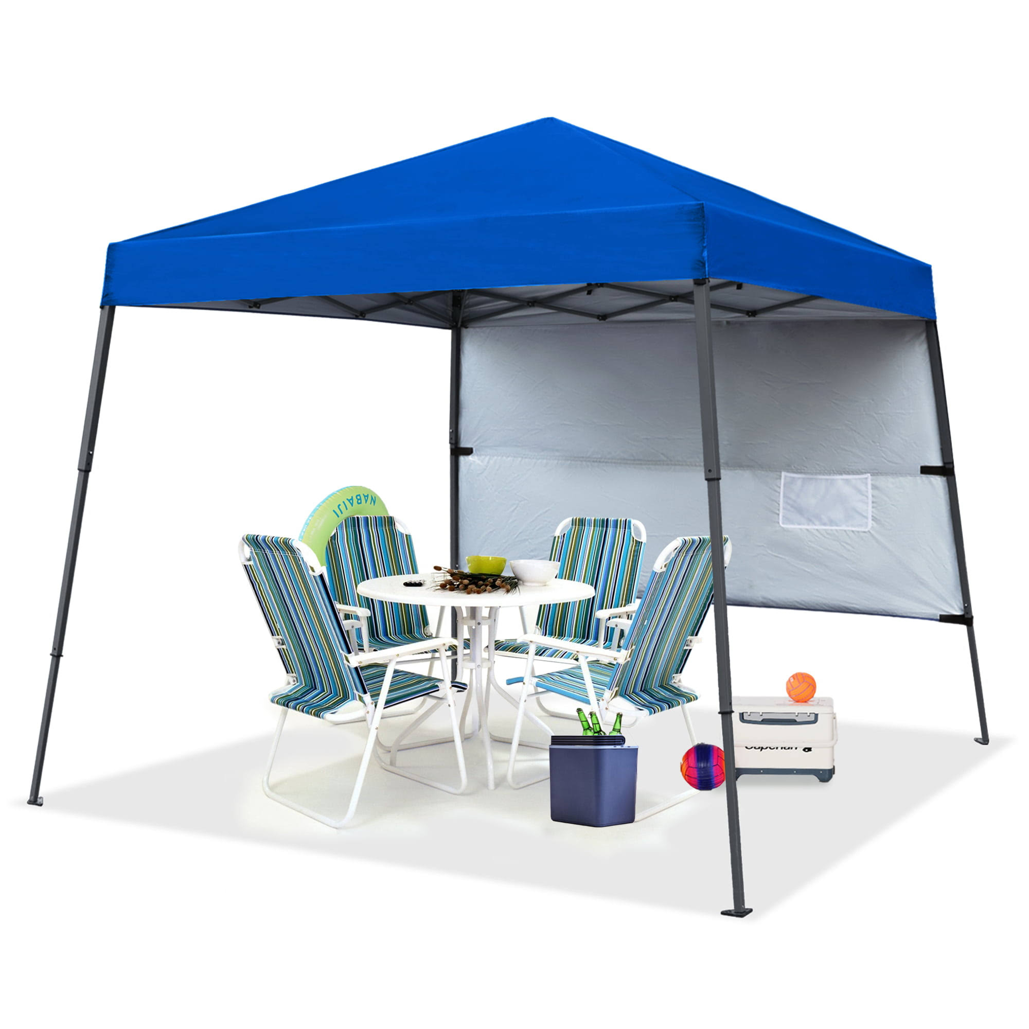 ABCCANOPY 10 ft x 10 ft Outdoor Pop up Slant Leg Canopy Tent with 1 Sun Wall and 1 Backpack Bag   Blue