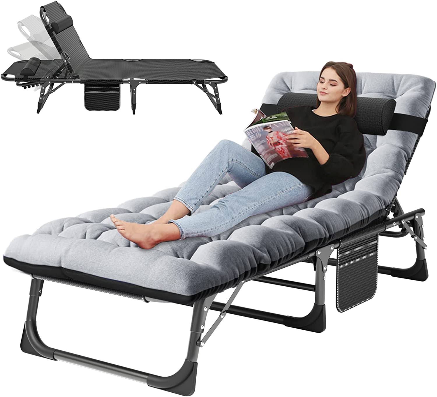 ABORON Portable Folding Camping Cot with 2 Sided Mattress   Pillow, Adjustable 4-Position Adults Reclining Folding Chaise, Folding Guest Bed
