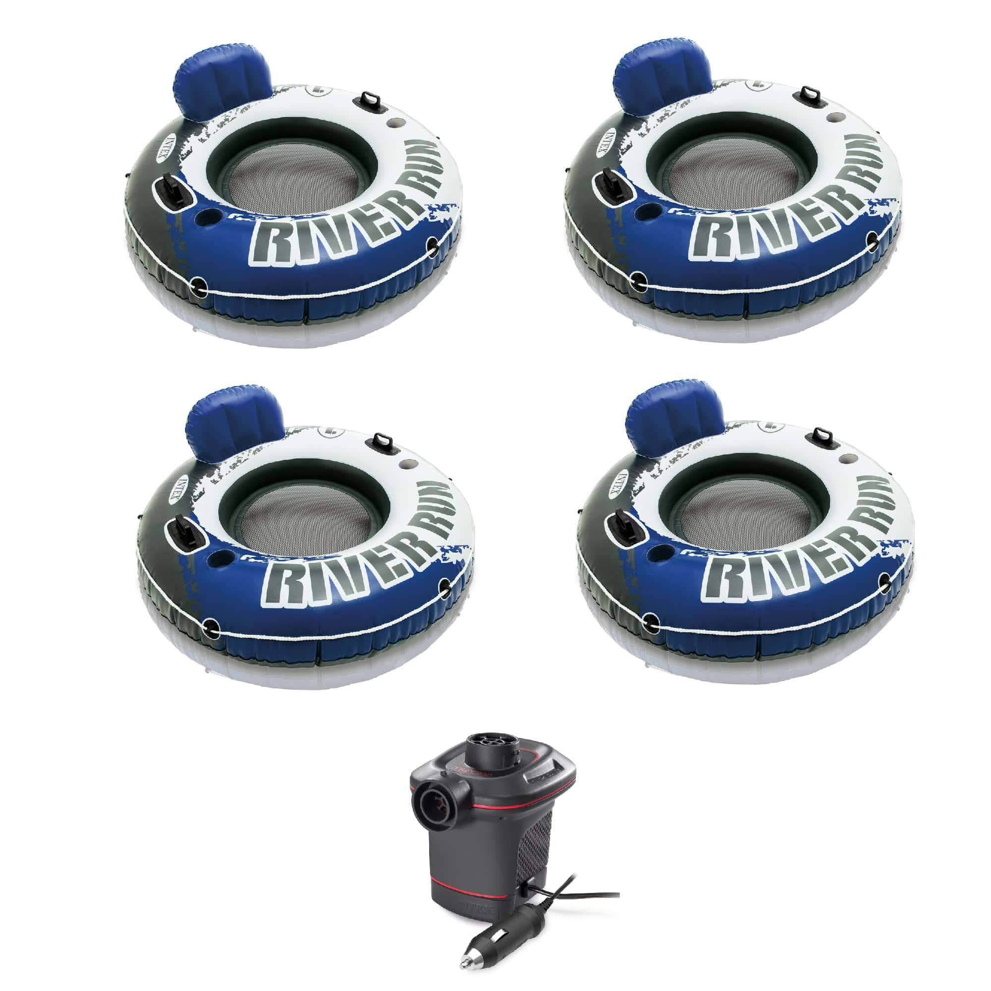 4 Pack of River Run 1 Person Floating Tubes and Single 12V Air Pump