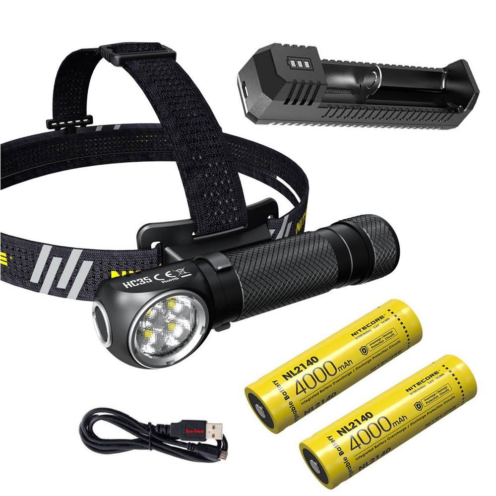 Combo: Nitecore HC35 Rechargeable LED Headlamp   4 x CREE XP-G3 S3 w/Extra 2140 Battery and UI1 USB Charger +Free Eco-Sensa USB Cord
