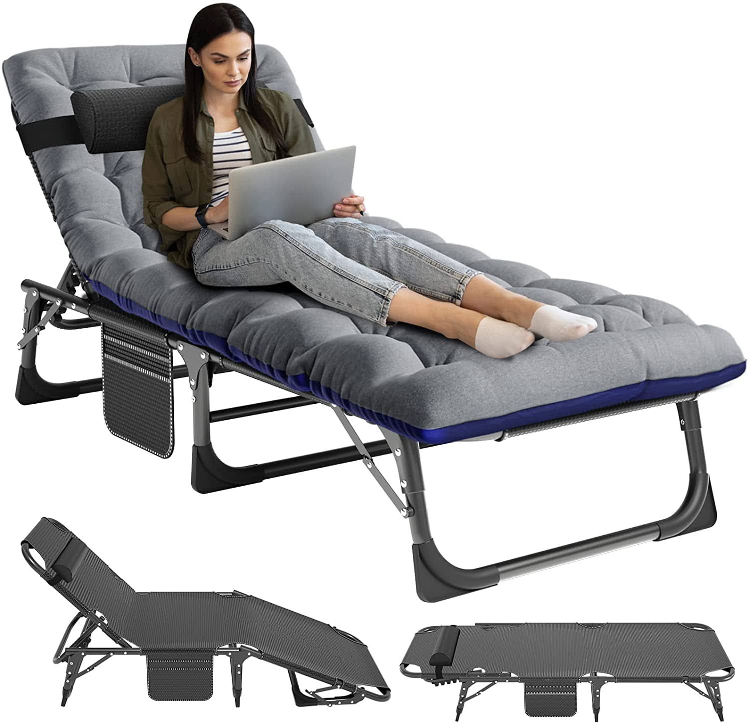 ABORON Camping Cots for Adults, Folding Guest Bed Cot, 4- position Adjustment Folding Chaise Lounge Chair, Folding Bed with 2-Sides Mat   Pillow