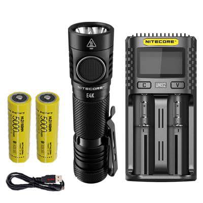 Combo: NITECORE E4K Next generation Flashlight   4400 Lumens w/NL2150HPi and NL2150HPR Batteries +UMS2 Intelligent Charger and Eco-Sensa USB Cord
