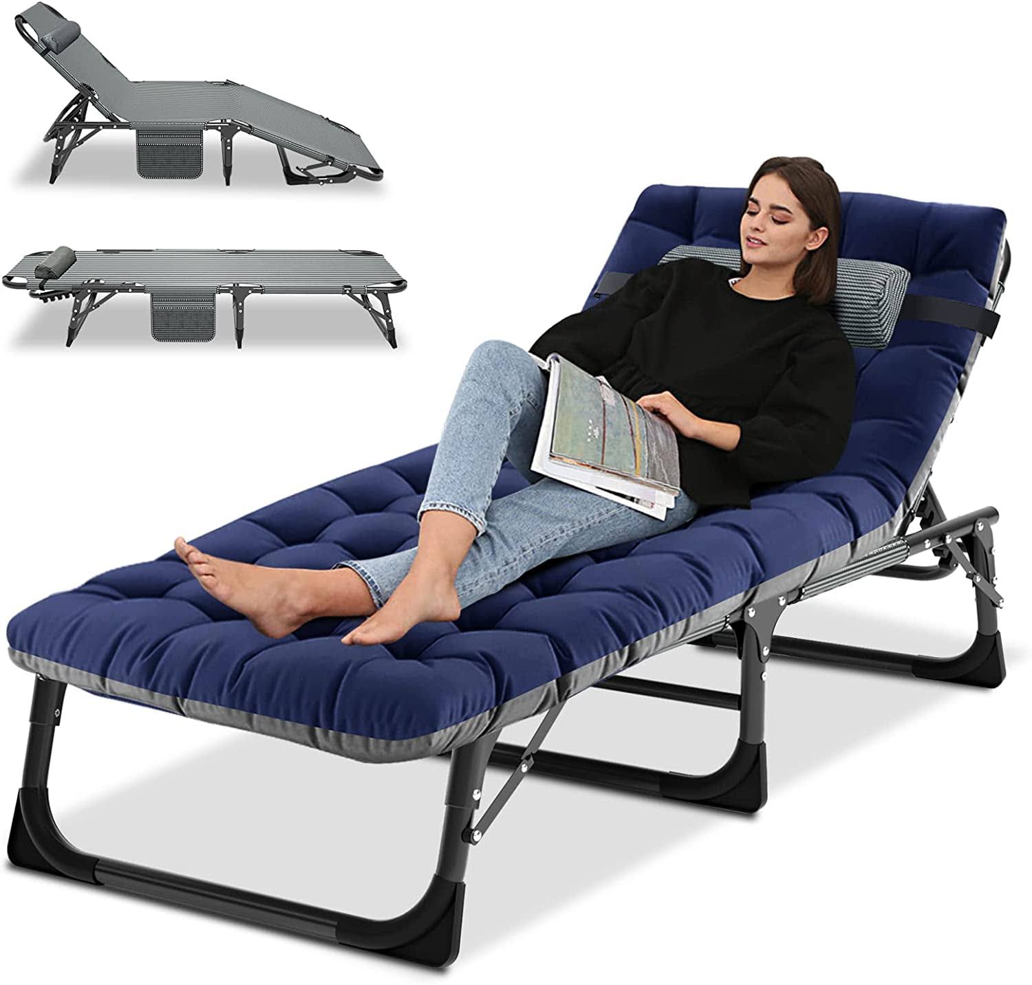 Slsy Folding Sleeping Cots Bed with 2 Sided Mattress   Pillow, Folding Camping Cot, Adjustable 4-Position Folding Lounge Chair