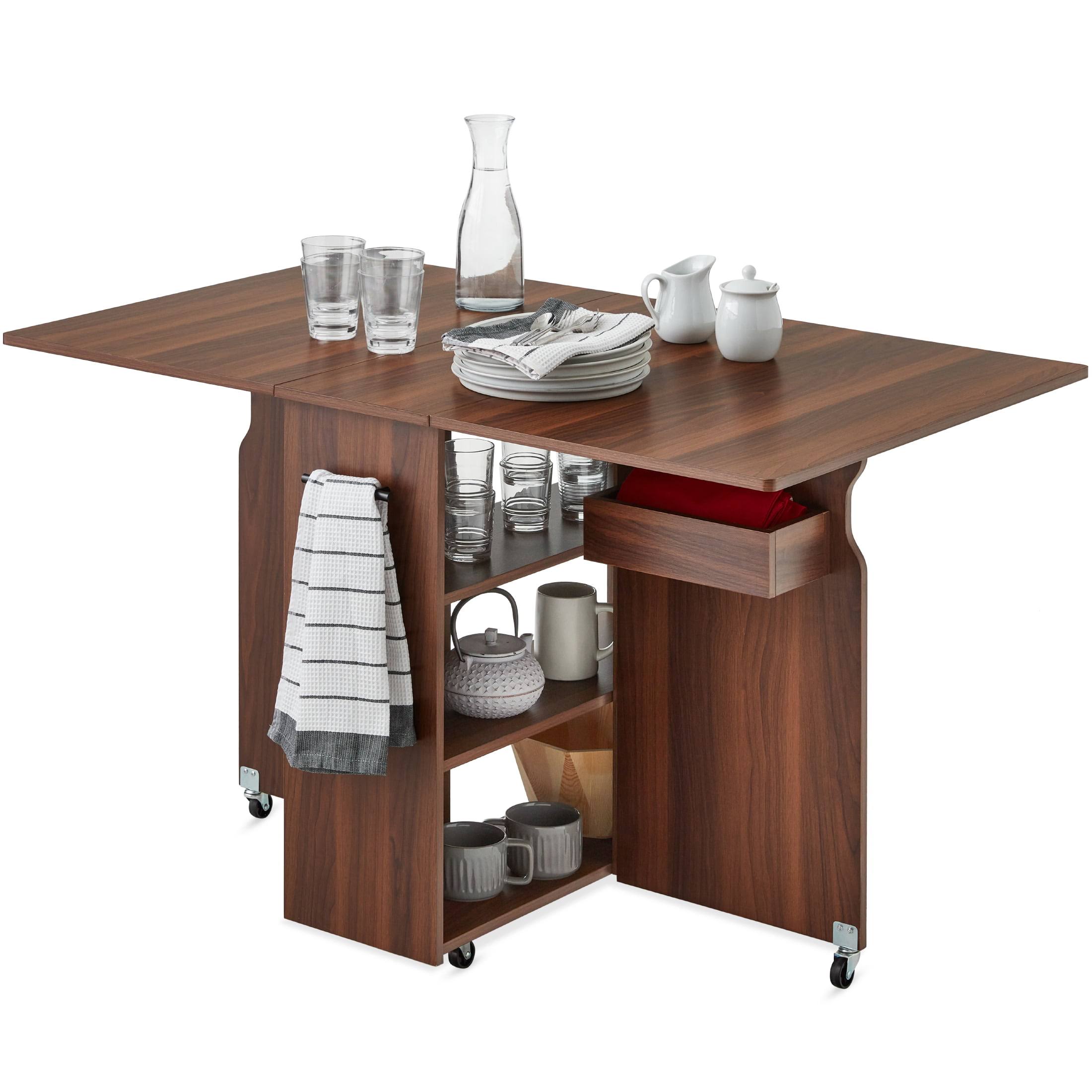Best Choice Products Multipurpose Folding Table w/ Built-in Wheels, 3 Storage Shelves, Cubby, Carrying Handle   Brown