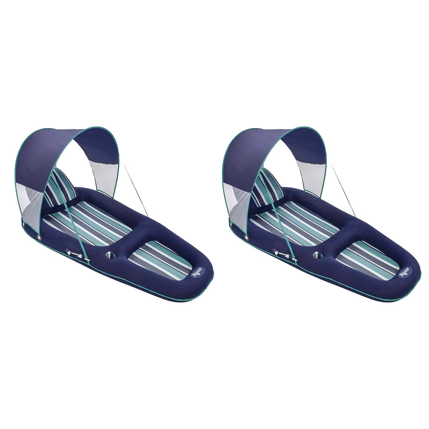 Leisure Inflatable Pool Lounger Float w Sunshade Canopy, Blue (2 Pack)