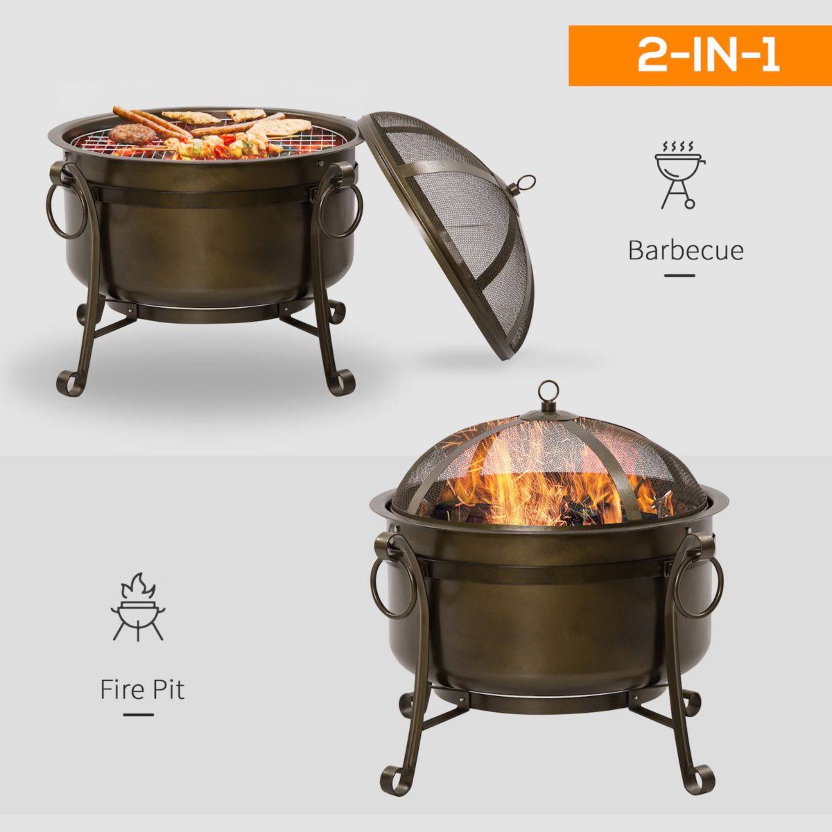 30 Inch Outdoor Fire Pit Round Wood Burning Patio Firepit with Cooking BBQ Grill Spark Screen Poker for Backyard Bonfire