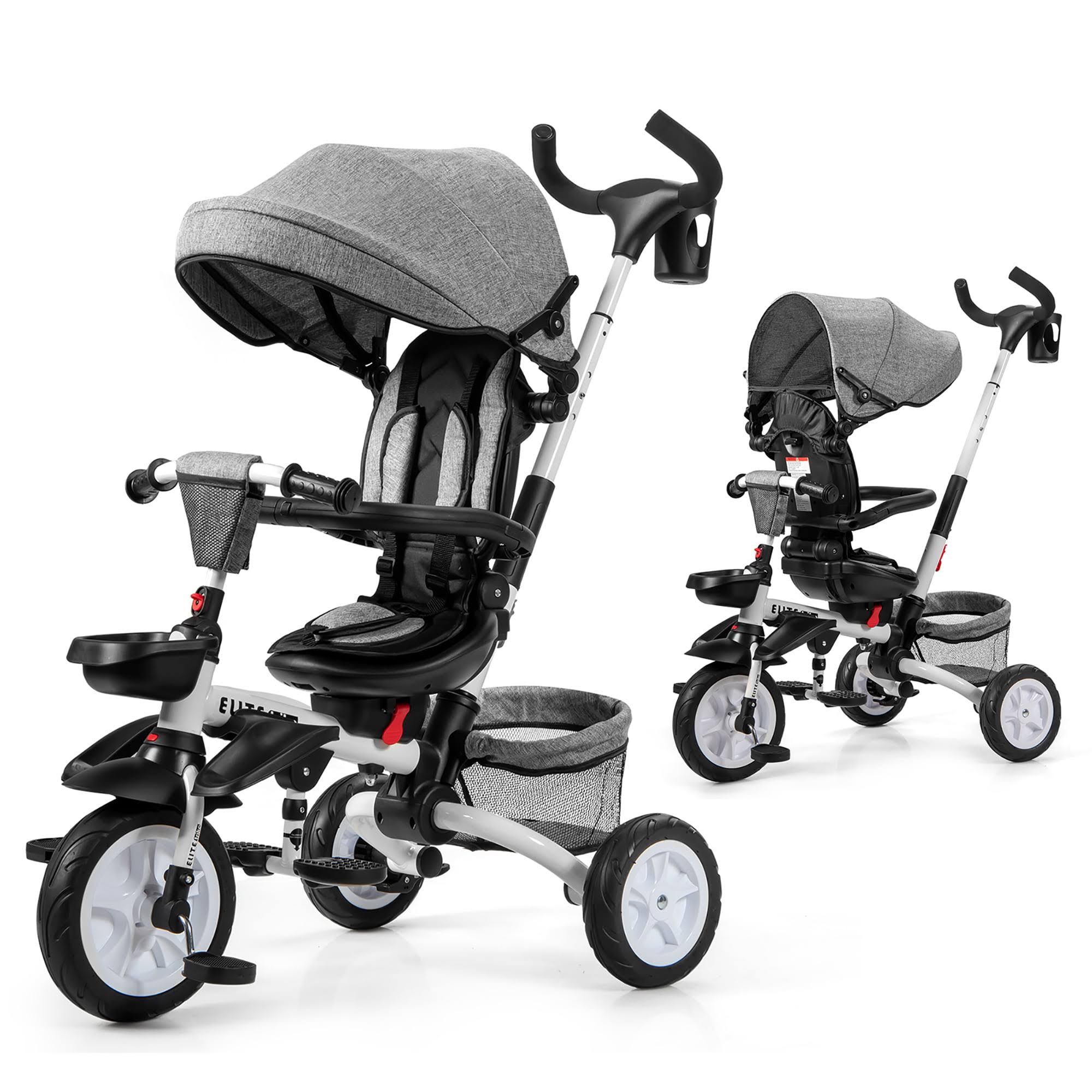 6-In-1 Kids Baby Stroller Tricycle Detachable Learning Toy Bike w/ Canopy Gray