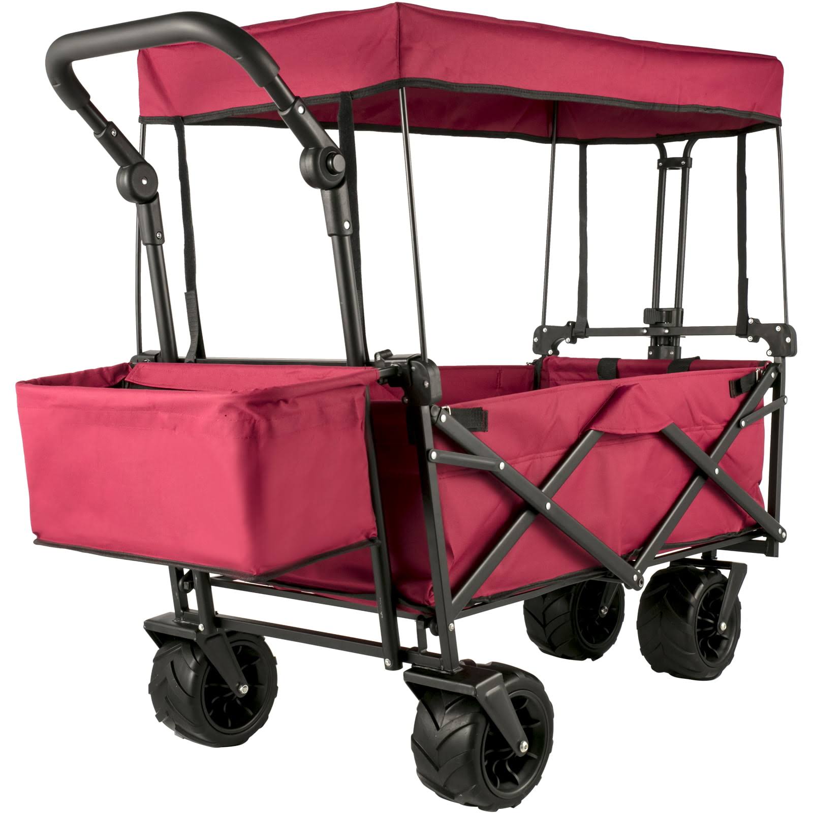 BENTISM Collapsible Wagon Cart Red, Removable Canopy 601D Oxford Cloth, Portable Folding Wagon Adjustable Handles
