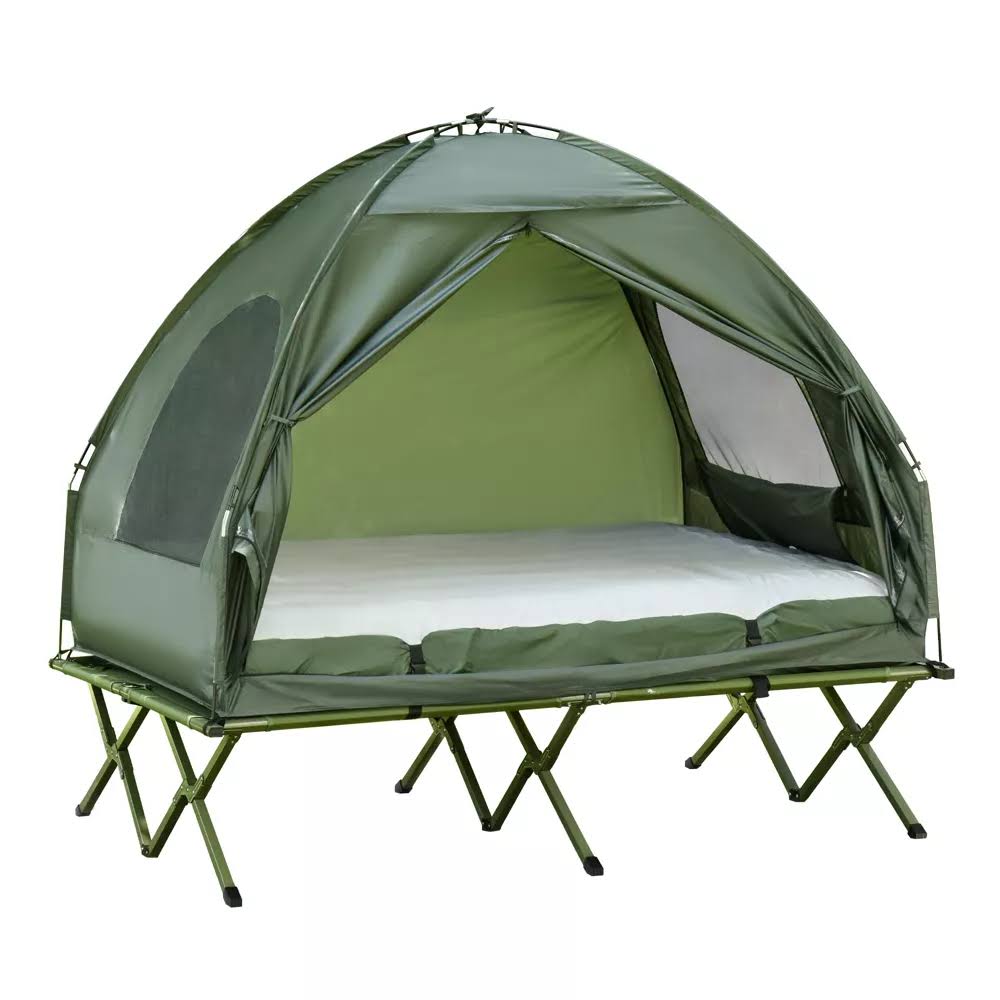 2 Person Foldable Camping Cot, Portable Outdoor with Sleeping Bag   Thick Air Mattress, Multifunctional Elevated Camping Bed Tent for 2