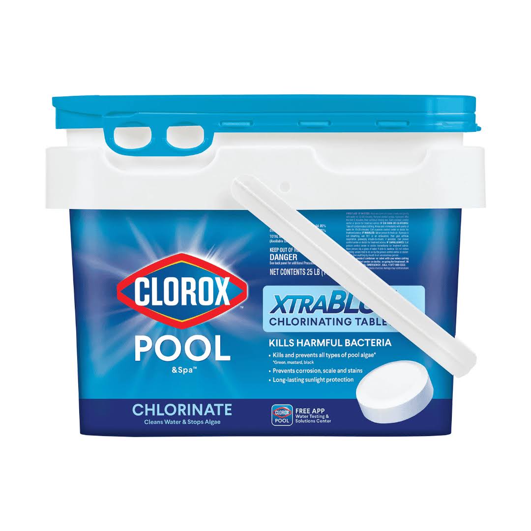 CLOROX Pool Spa XtraBlue 3” Chlorinating Tablets, Kills Bacteria   Stops Algae, 25 LB