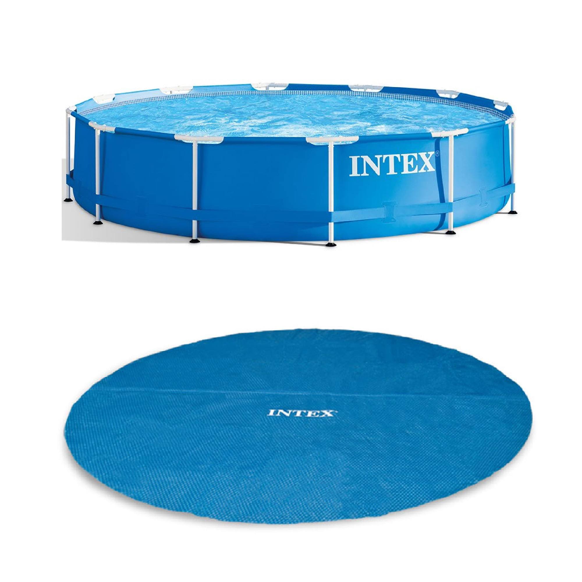 12 Foot x 30 In. Easy Set and Metal Frame Pool w/ Solar Cover Tarp, Blue