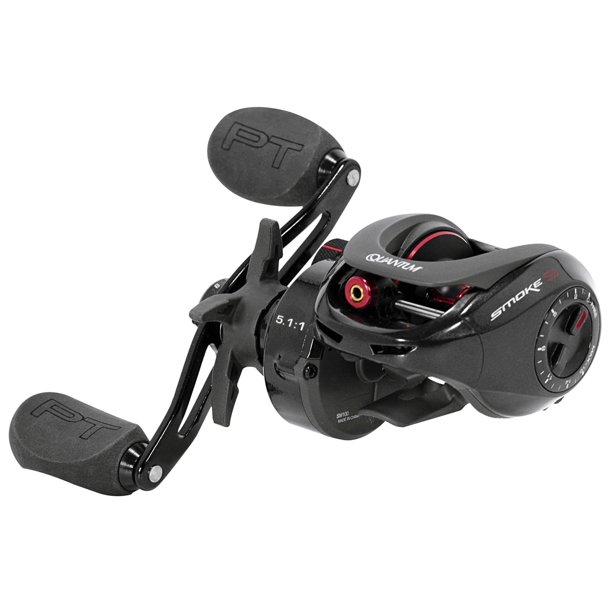 Quantum Smoke Baitcast Fishing Reel, Size 100 Reel, Right-Hand Retrieve, Large EVA Handle Knobs and Continuous Anti-Reverse Clutch, 10+1 Bearings, 5.1:1 Gear Ratio, Black
