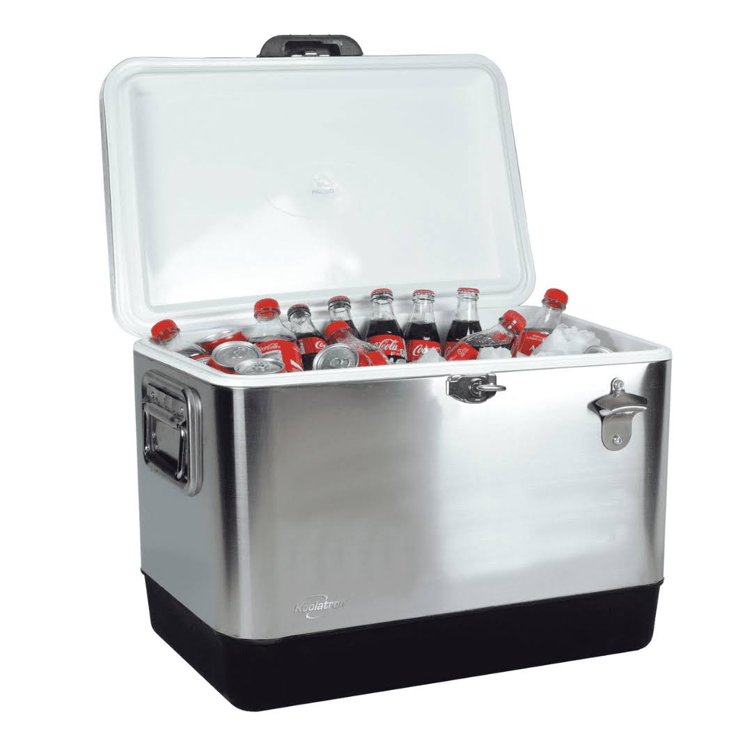 Koolatron Stainless Steel Ice Chest Beverage Cooler with Bottle Opener 51 L / 54 Quart 85 Can Capacity for Camping, Beach, RV, BBQs, Tailgating, Fishing