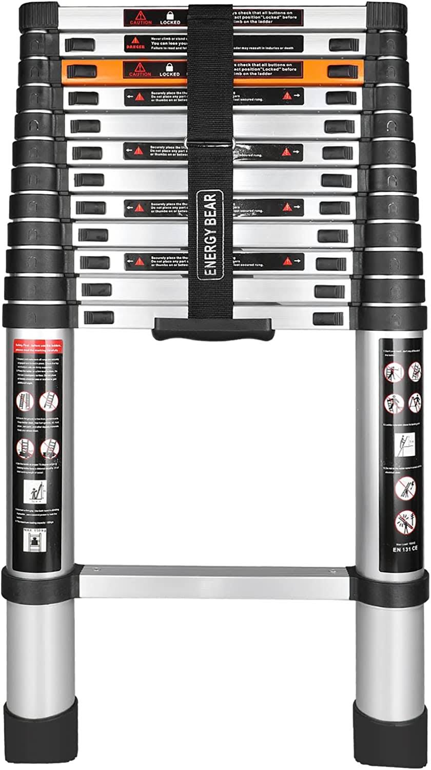 Energy Bear Telescoping Ladder 12.5FT Aluminum Extension Ladders Lightweight Collapsible Ladder Telescopic Ladders for RV, Loft, Attic, Home, 330lbs Capacity