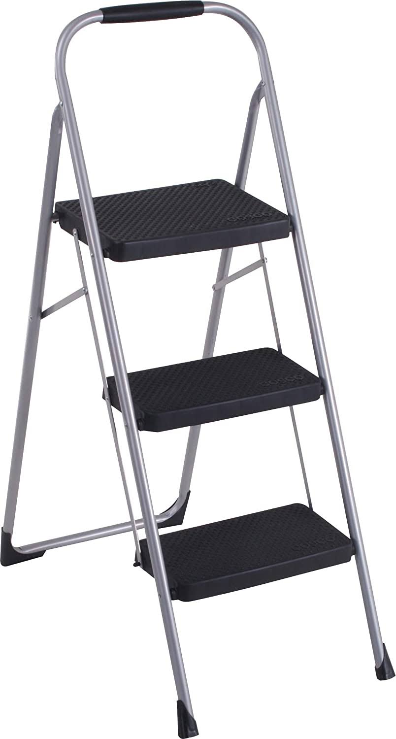 11408PBL1E Three Big Folding Step Stool with Rubber Hand Grip, Platinum