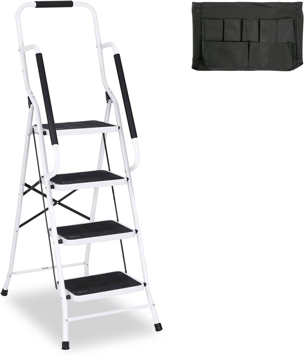 Usinso 4 Step Ladder Tool Ladder Folding Portable Steel Frame MAX 500 lbs Non-Slip Side armrests Large Area Pedals Detachable ToolBag Suitable for Home Office Engineering