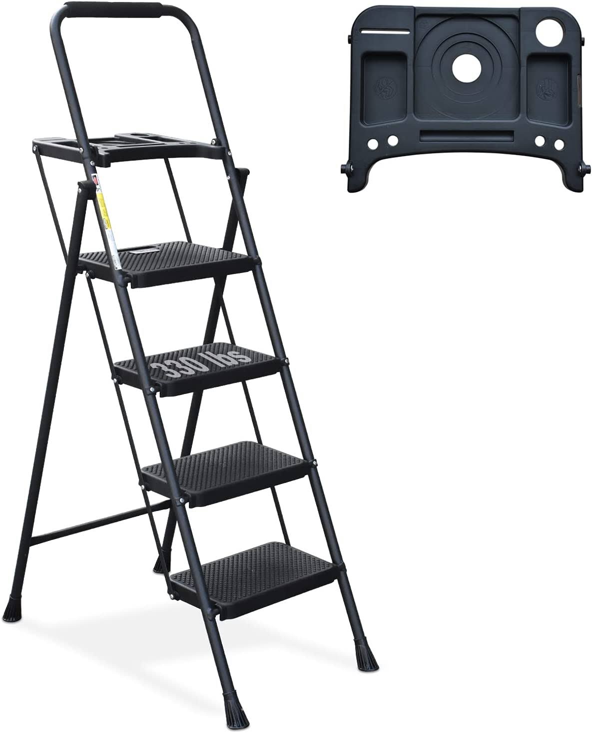 HBTower KQ0004-BK 4 Step Ladder, Folding Step Stool with Tool Platform, Wide Anti-Slip Pedal, Sturdy Steel Ladder, Convenient Handgrip, Lightweight 330lbs Portable Steel Step Stool, Black