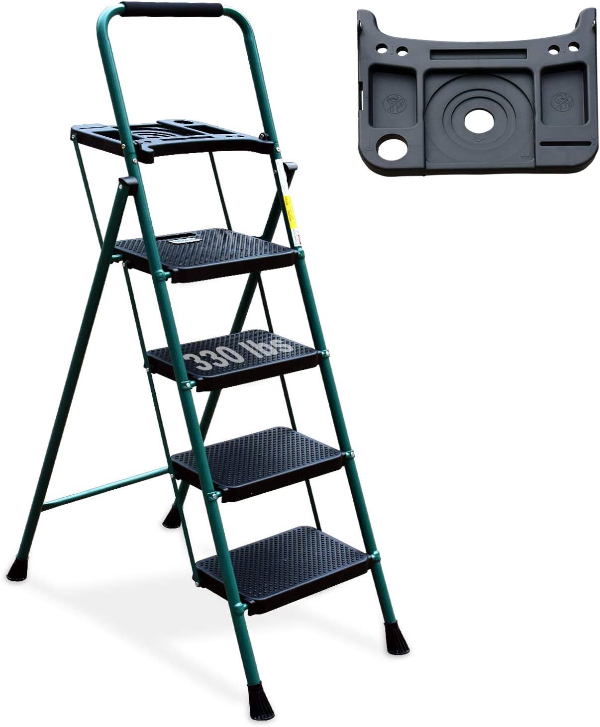 HBTower KQ0002 4 Step Ladder, Folding Step Stool with Tool Platform, Wide Anti-Slip Pedal, Sturdy Steel Ladder, Convenient Handgrip, Lightweight 330lbs Portable Steel Step Stool, Green and Black