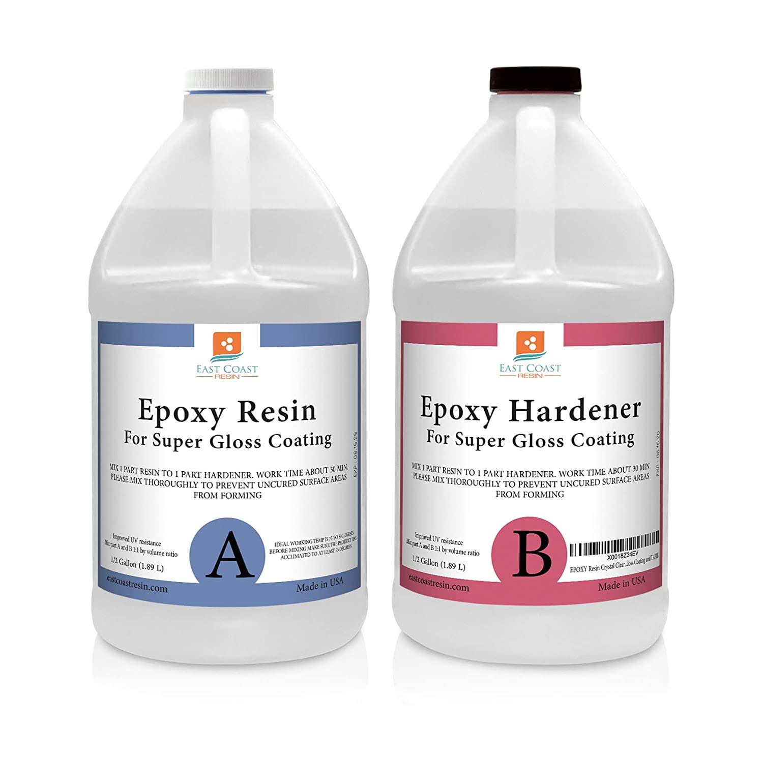 East Coast Resin Epoxy Resin 1 Gallon Kit | 1:1 Crystal Clear Resin and Hardener for Super Gloss Coating | for Bars, Tabletop, Art, Jewelry, Casting Molds | Safe for Use on Wood, Metal, Stone, Plastic, Marine Sealer