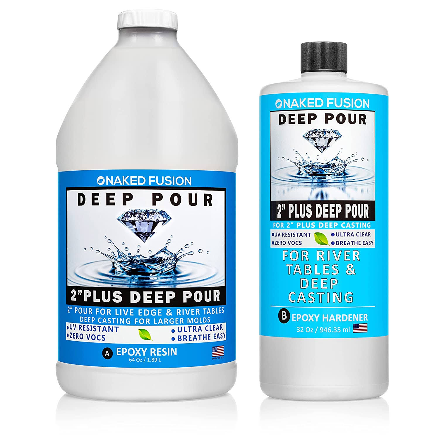NAKED FUSION Epoxy Resin Deep Pour Crystal Clear Formula-2 Inch Thick Pour Casting Resin for River Tables, Deep Resin Molds, Live Edge Wood and Deep Art Casting- 3/4 Gallon Kit- Non Toxic -Zero Voc