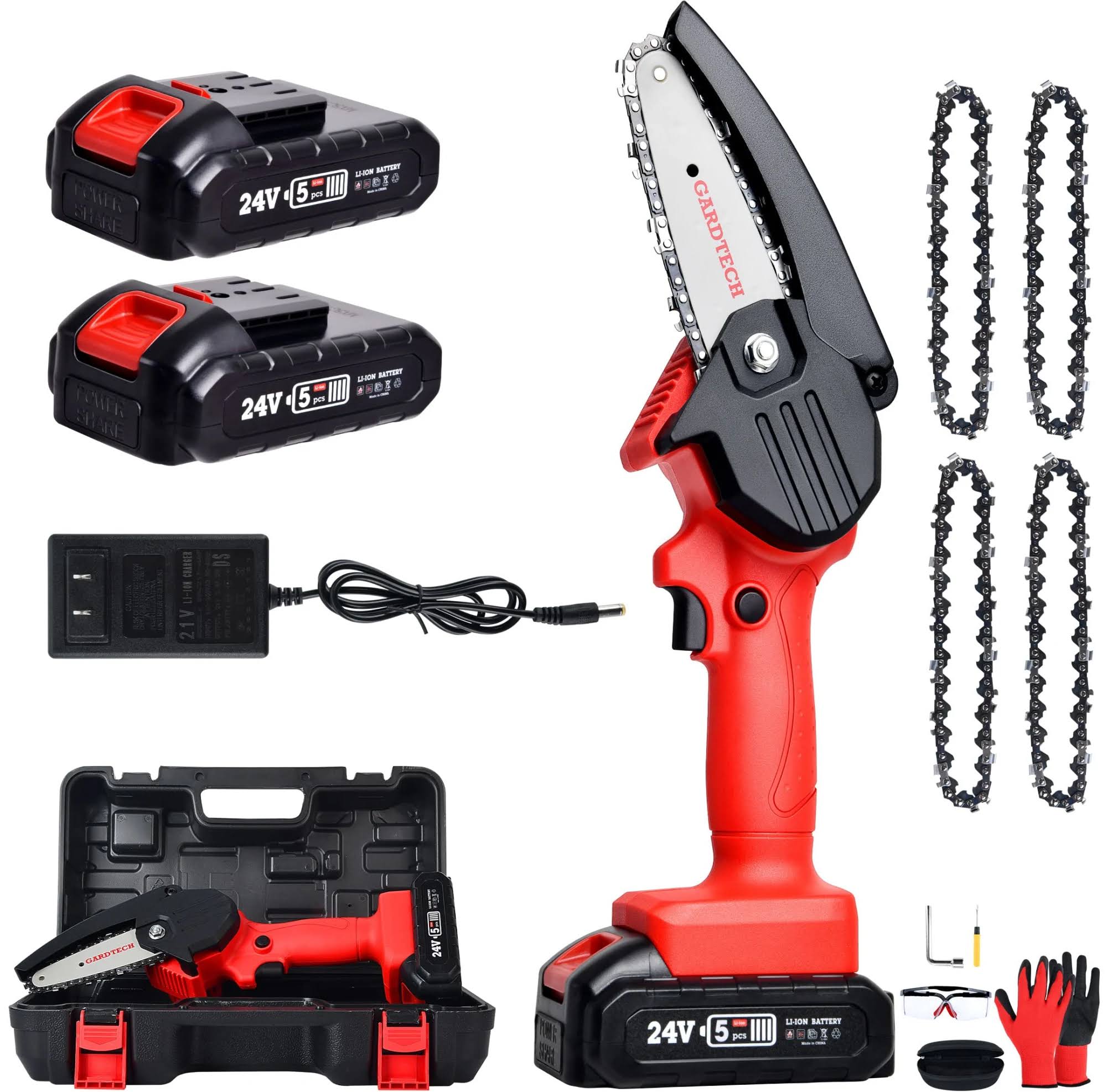 Gardtech Mini Chainsaw, 4-Inch Cordless Chainsaw, Battery Powered Chainsaw for Wood Cutting Tree Branch Trimming   2 Hours Working Time   with 2 Battery,Quick Charger, 4 Chains