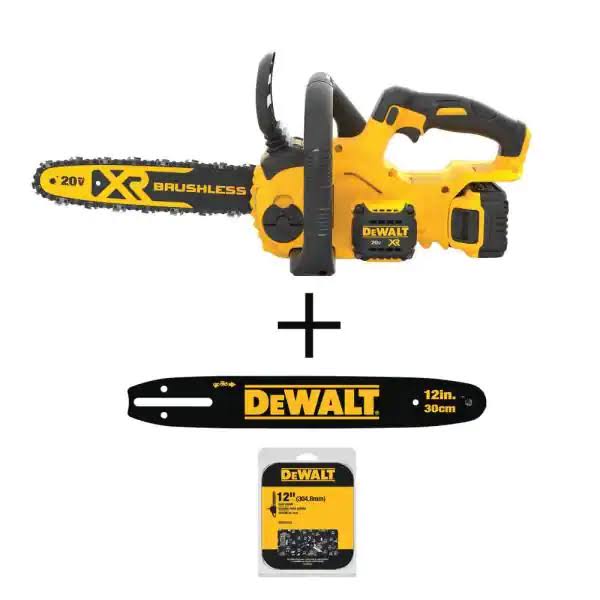 DCCS620P1 12 in. 20-Volt  Cordless Brushless Chainsaw with DWZCSB12 12 in. Chainsaw Bar and DWO1DT612 12 in. Chainsaw Chain (45 Link)