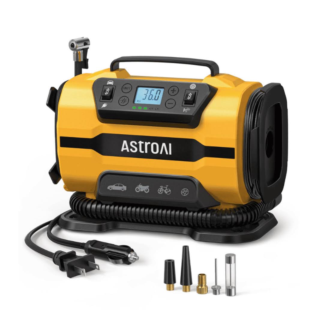StroAI Tire Inflator Portable Air Compressor Pump 150PSI 12V DC/110V AC with Dual Metal Motors   LED Light