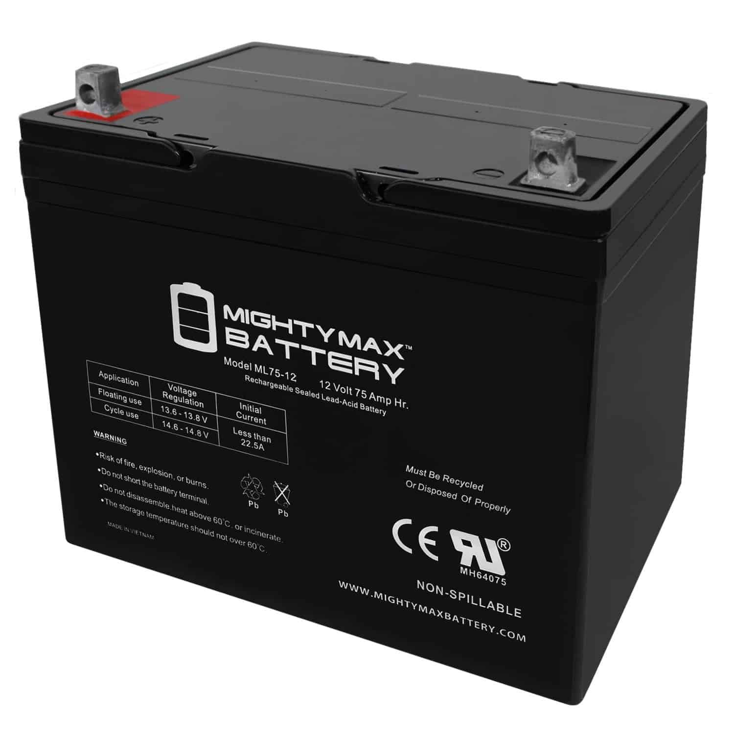 ML75-12   12 Volt 75 AH, Nut and Bolt (NB) Terminal, Rechargeable SLA AGM Battery