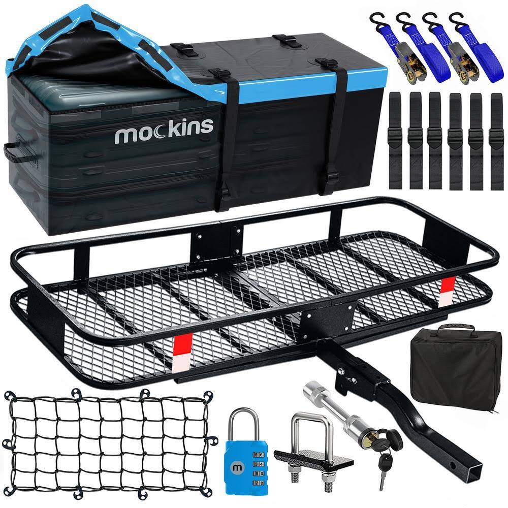 NA-26 500 lbs. Capacity Hitch Mount Cargo Carrier Set with Folding Shank and 2 in. Raise, Cargo Bag, Net, Straps, Locks   Blue