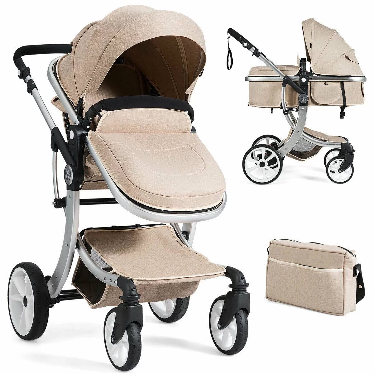 Folding Aluminum Infant Bassinet Reversible Baby Stroller W/ Diaper Bag Beige