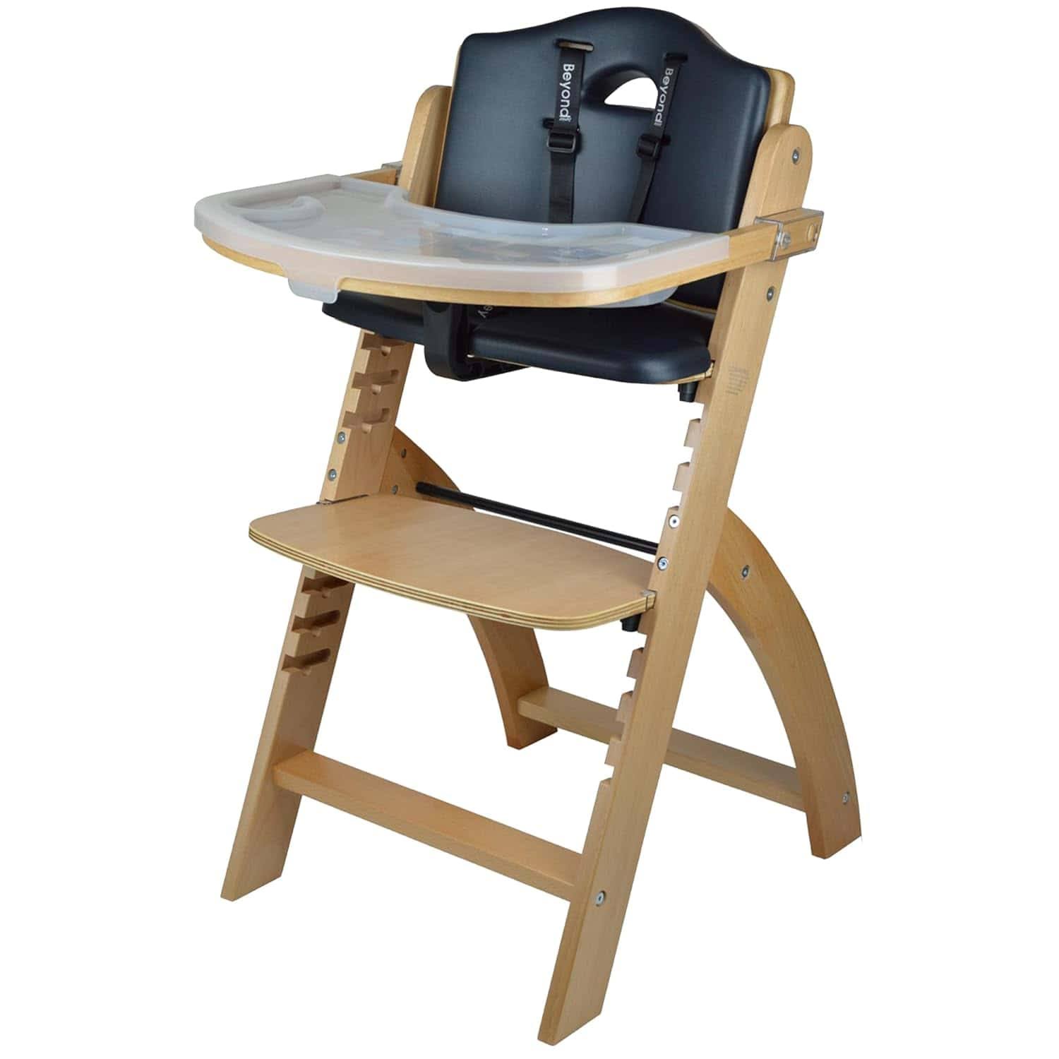 Abiie Beyond Junior Wooden High Chair with Tray. The Perfect Adjustable Baby Highchair Solution   Natural Wood/Black Cushion