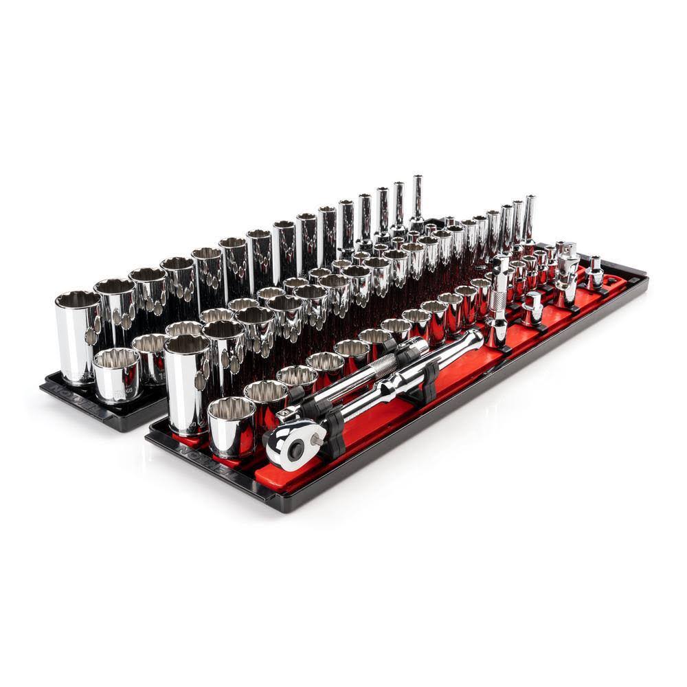 SKT13302 3/8 in. Drive 12-Point Socket and Ratchet Set with Rails (1/4 in.-1 in., 6 mm-24 mm) (74-Piece)