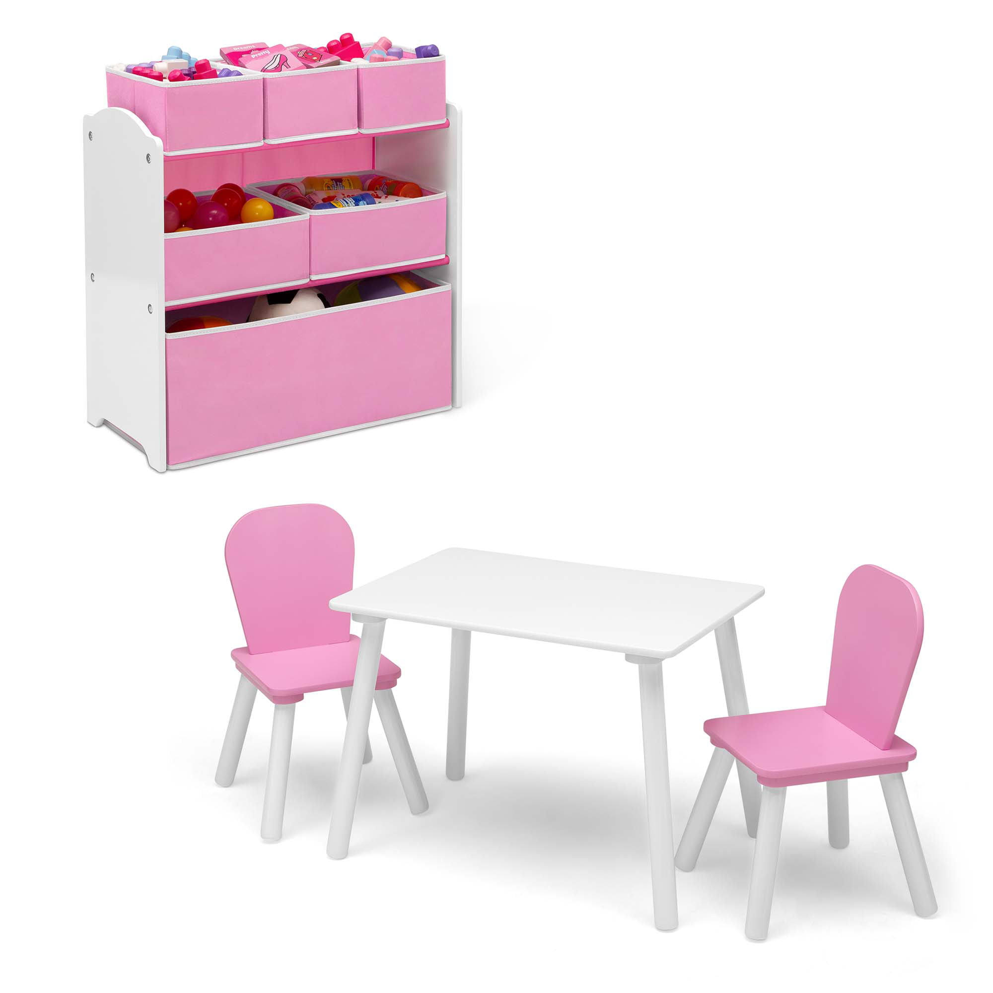 Children 4-Piece Toddler Playroom Set – Includes Play Table and Toy Organizer, Pink/White
