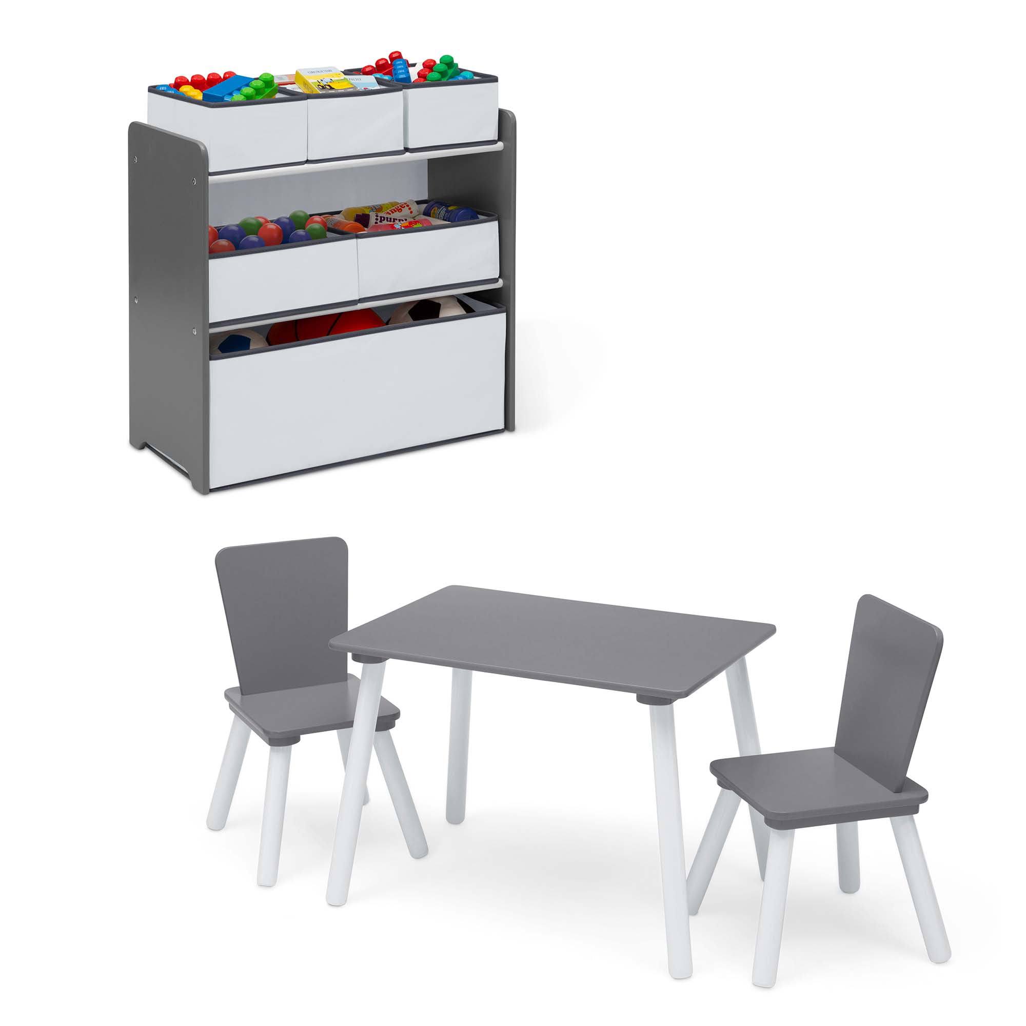 Children 4-Piece Toddler Playroom Set – Includes Play Table with Dry Erase Tabletop and 6 Bin Toy Organizer with Reusable Vinyl Cling Stickers, Grey/White