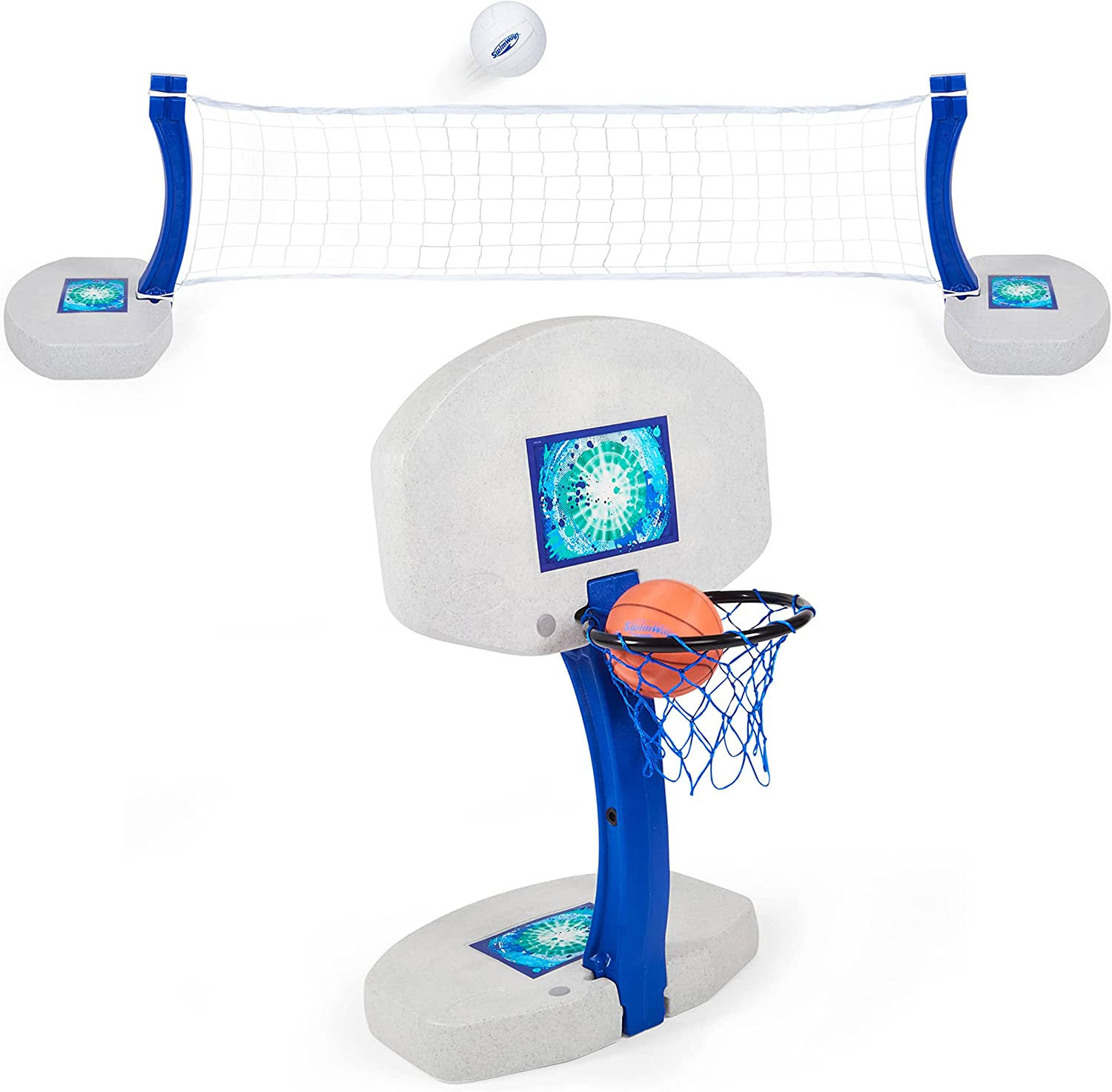 SwimWays 2-in-1 Pool Sport Combo Set   Volleyball Net   Outdoor Basketball Hoop For In-   Above Ground Pool, Outdoor Games for Adults and Family