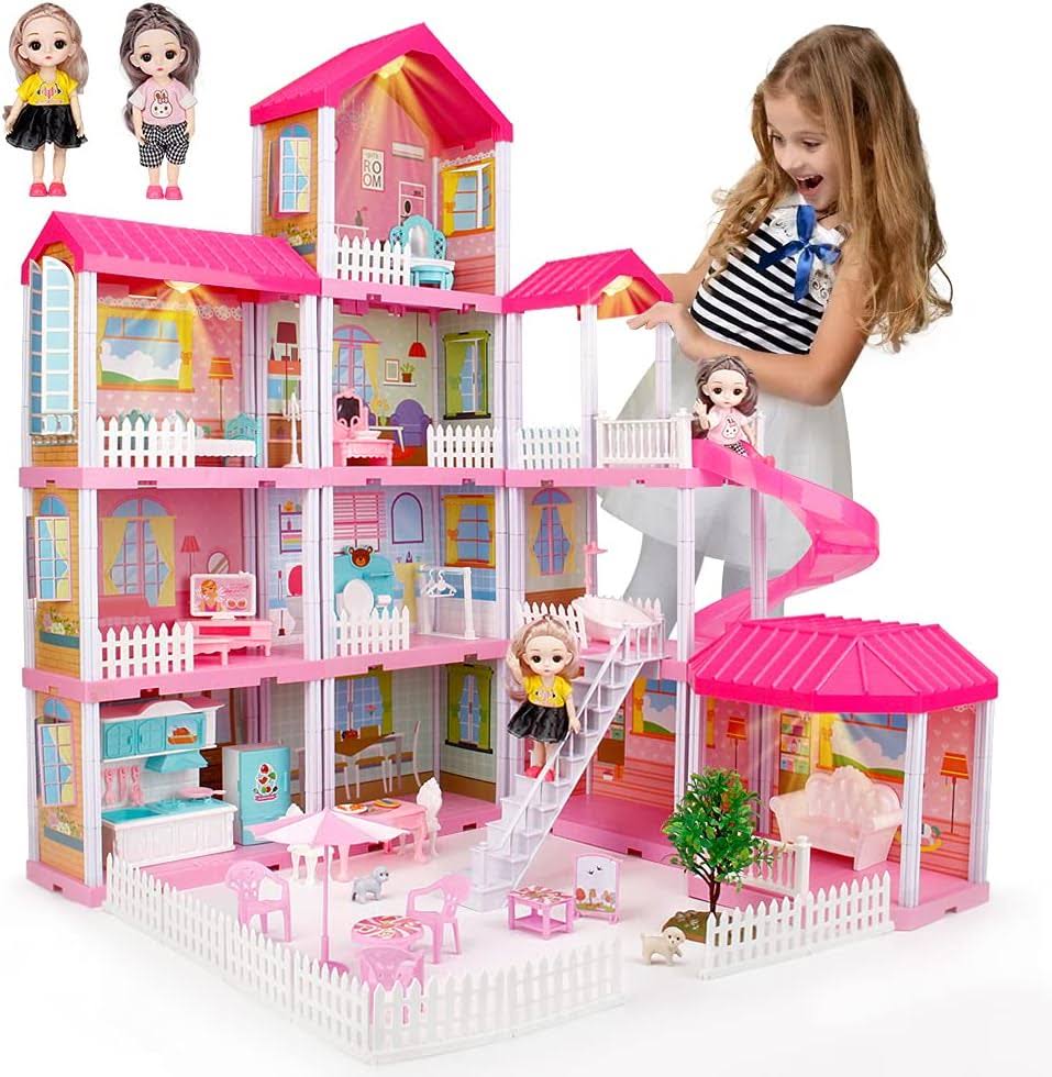 Doll House Kit,Dollhouse with Lights, Slide, Pets and Dolls, DIY Pretend Play Building Playset Toys with Asseccories and Furniture, Princess House for Toddlers, Kids Boy   Girl (11 Rooms)