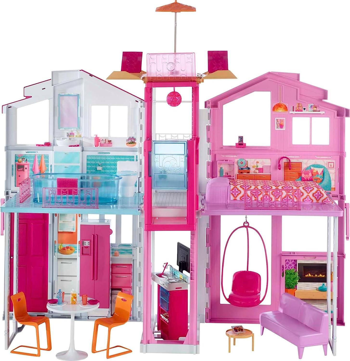 Barbie Doll House, 3-Story Townhouse with 4 Rooms   Rooftop Lounge, Furniture   Accessories Including Swinging Chair