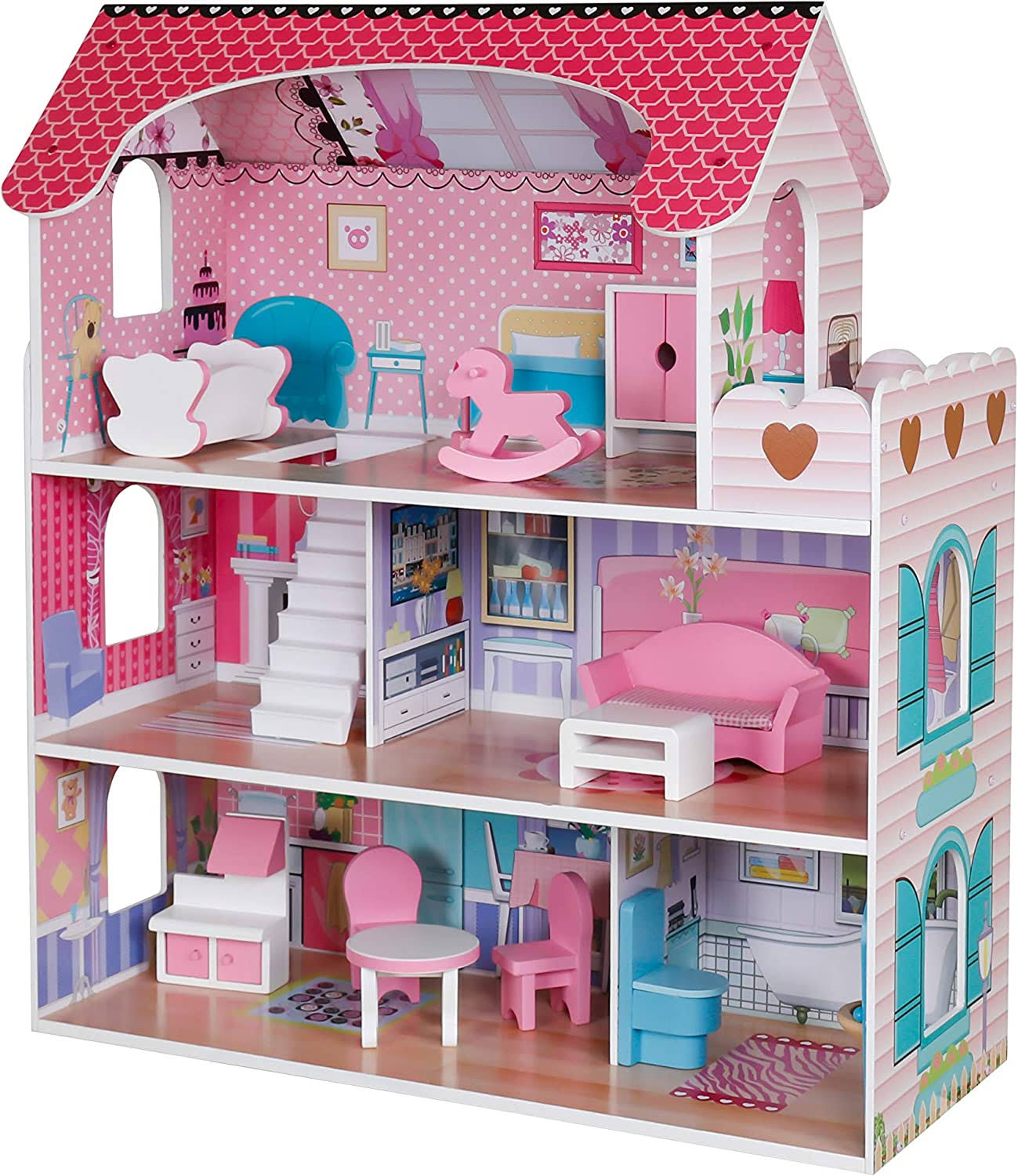 PIDOKO KIDS Wooden Dollhouse   Includes 12 Pcs Furniture Accessories   Wood Doll House for 3 4-5 Year Old Girls
