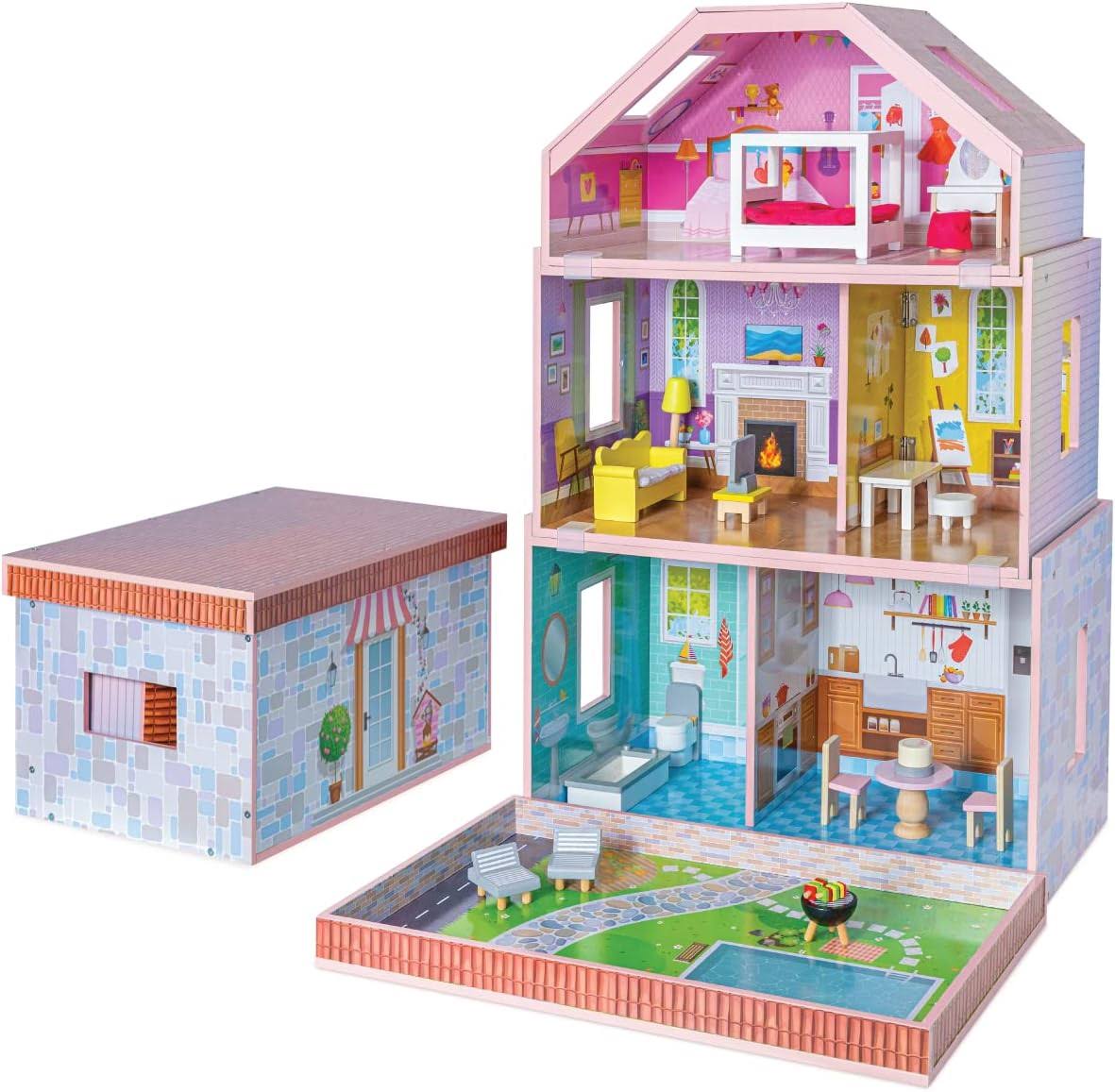 Milliard Nesting Dollhouse, Stack Mode (33x21x11.5in)   Store Mode (22x14x12in), Wooden Kids Dollhouse, 20 Bonus Furniture Pieces Included, Unique Design Patent Pending
