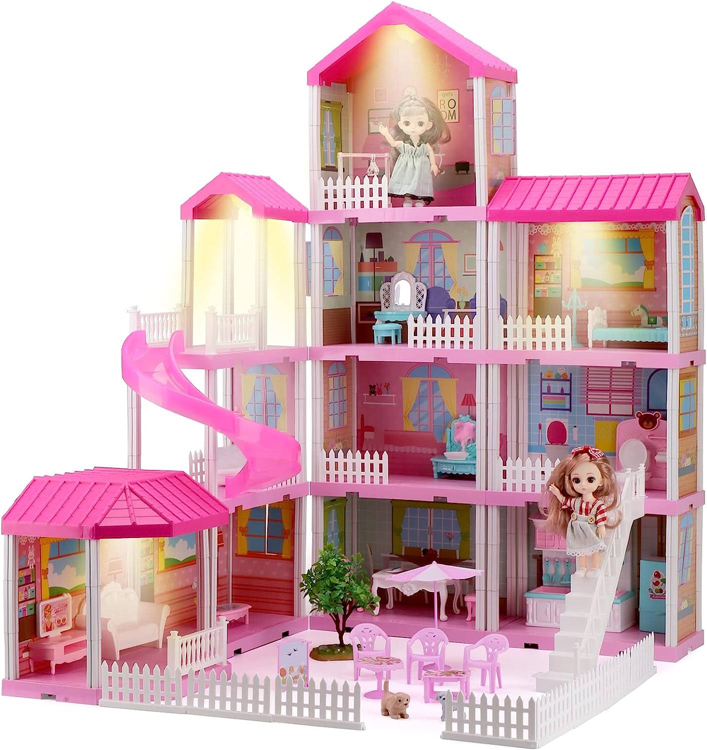 HCFJEH Dollhouse Play House for Girl, Doll House with Lights   Two Dolls   Furniture Accessories, Toddler DIY Princess House Playhouse Pretend Set Toy, Birthday Gift for 3 4 5 6 7 Year Old(11 Room)