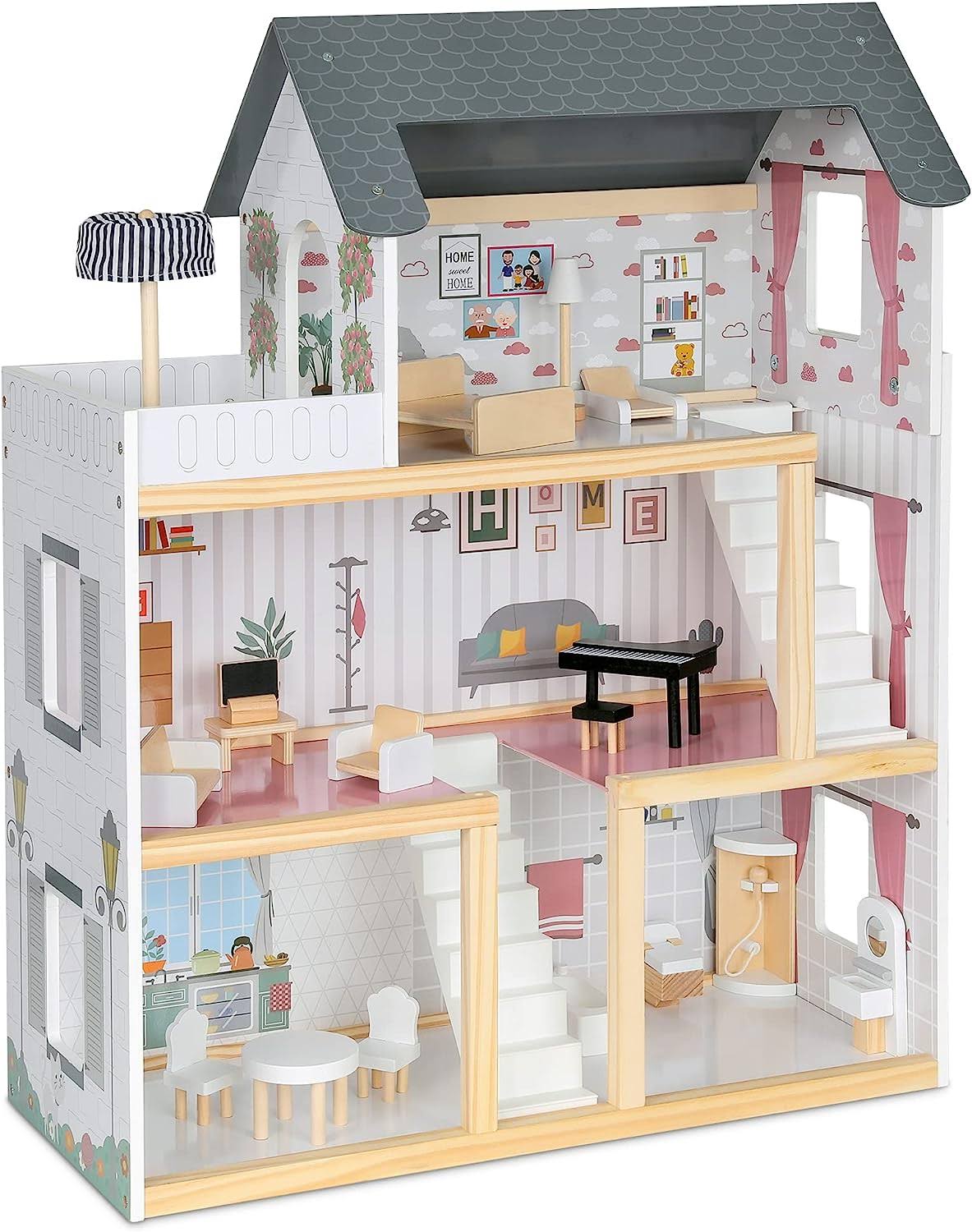 Lil’ Jumbl Kids Wooden Dollhouse, 17-Piece Accessories   Furniture are Included, with Balcony   Stairs, 3 Story Easy to Assemble Doll House Toy