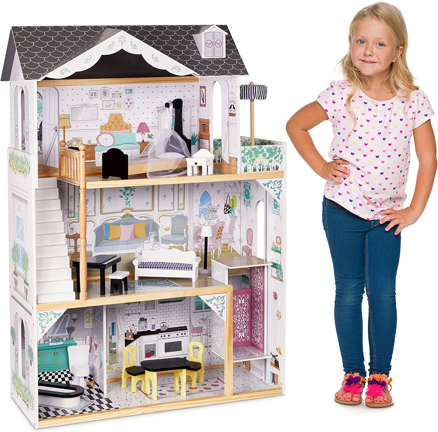 Lil  Jumbl Kids Wooden Dollhouse, with Elevator, Balcony   Stairs, Accessories   Furniture Included X-Large 3 Story Easy to Assemble Doll House Toy