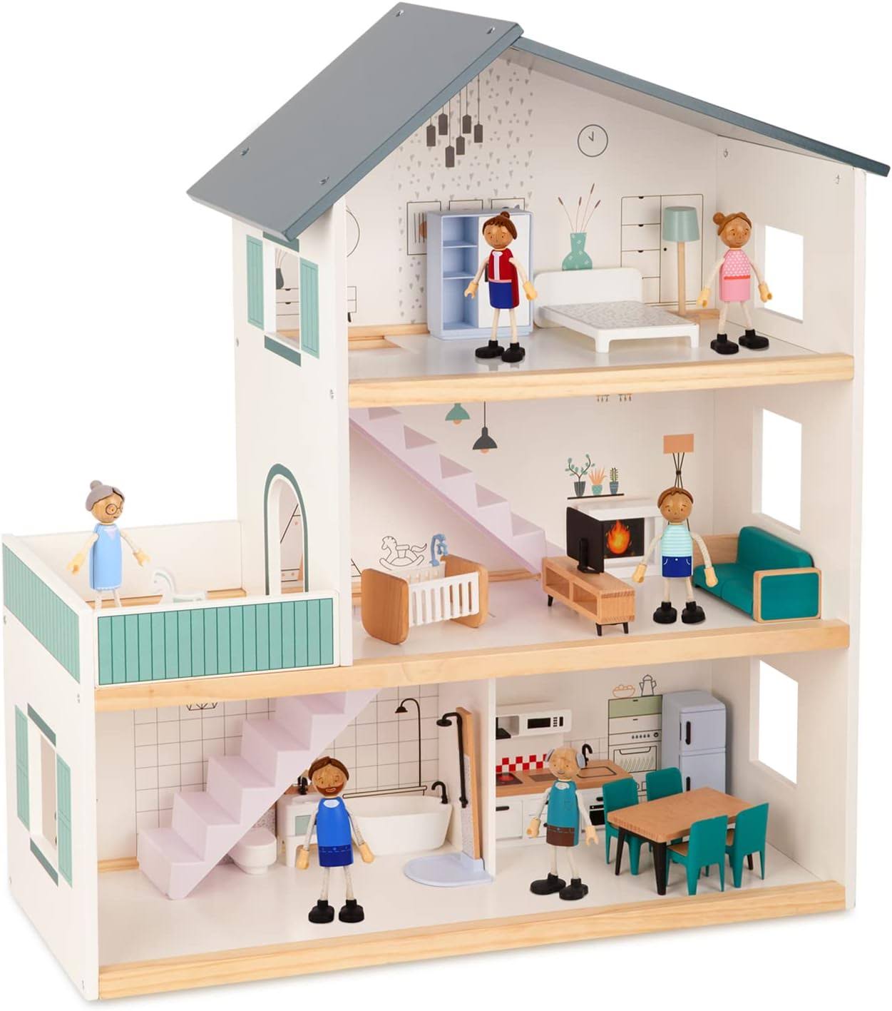 TOOKYLAND Wooden Dollhouse for Kids Doll House with Simulated Luxury Furniture Set Preschool Dollhouse Playset for Girls Toddlers Gifts